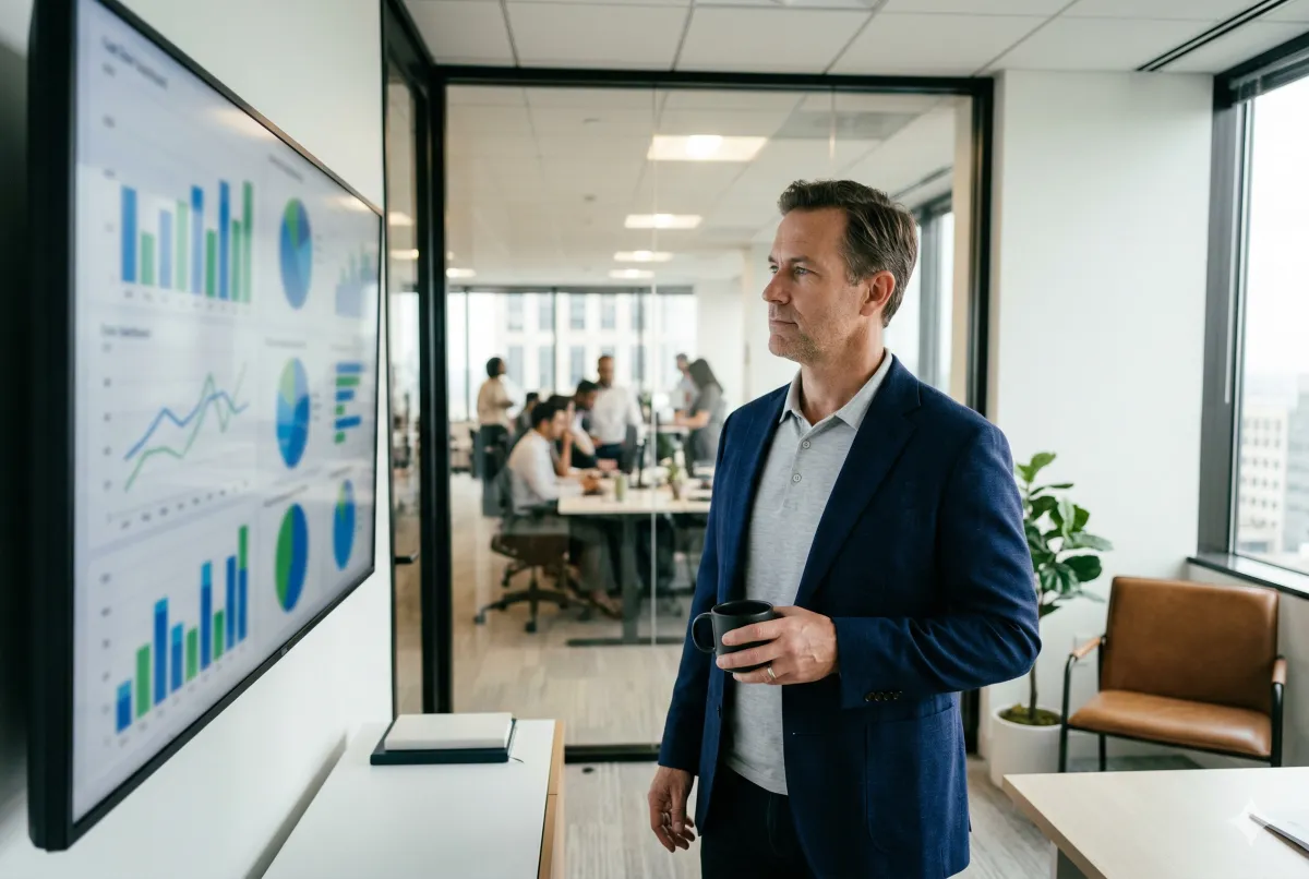 Executive reviewing firm performance charts and dashboards on a large display screen