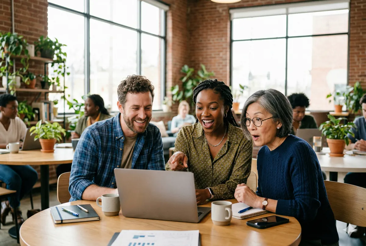Drie collega's die samen lachen terwijl ze iets spannends bekijken op een laptop
