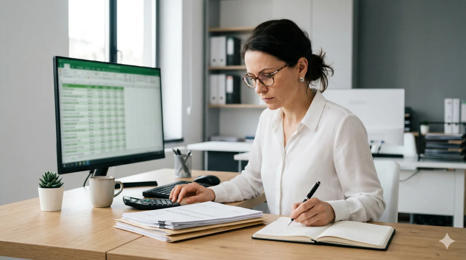 Accountant verifying figures at an organized workstation with spreadsheets and notes