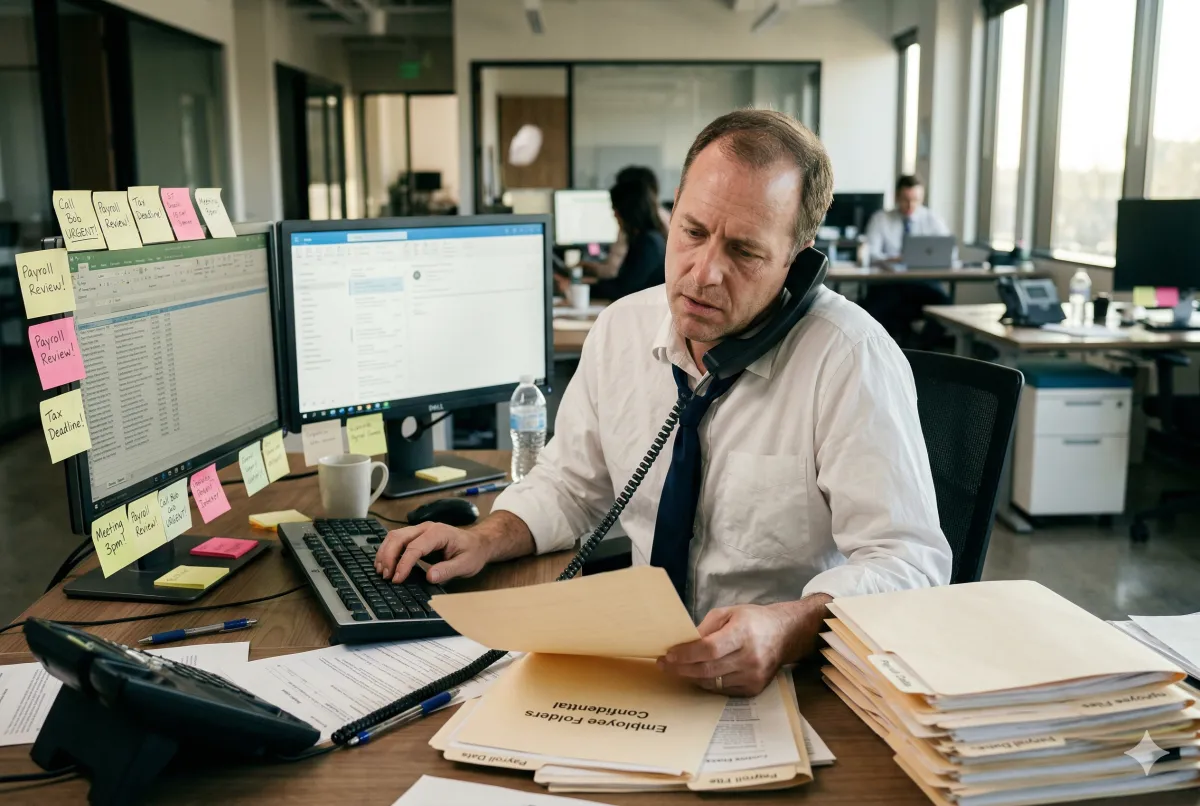 Firm owner juggling phone calls and paperwork at a busy desk covered in sticky notes