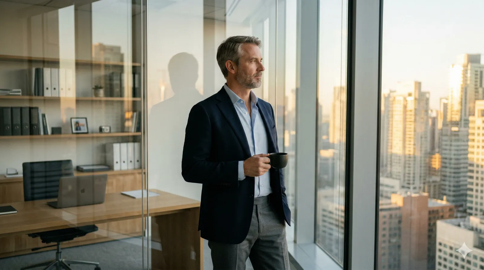 Firm owner looking out over the city skyline from a corner office at sunset