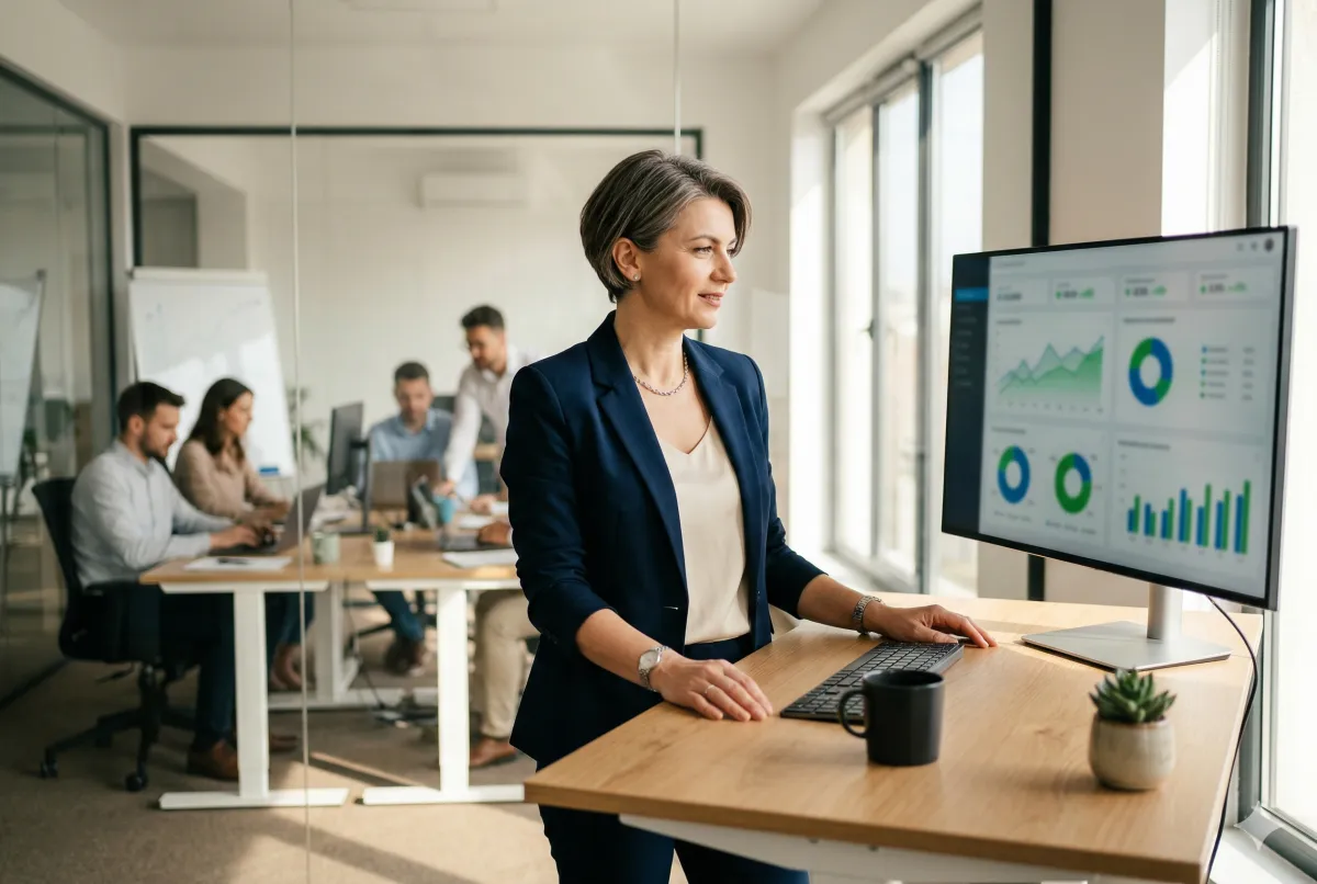 Firm owner standing confidently at her desk with performance dashboards on screen and team working in the background