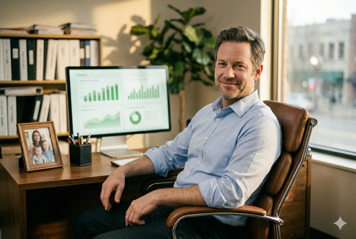 Ontspannen accountant achterovergeleund in zijn stoel met een opgeruimd bureau en gezonde dashboardcijfers op het scherm