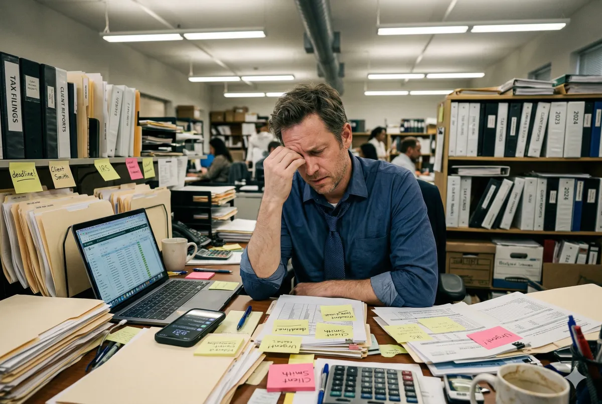 Gestreste accountant aan een rommelig bureau vol papieren dossiers, plaknotities en gemiste deadlines