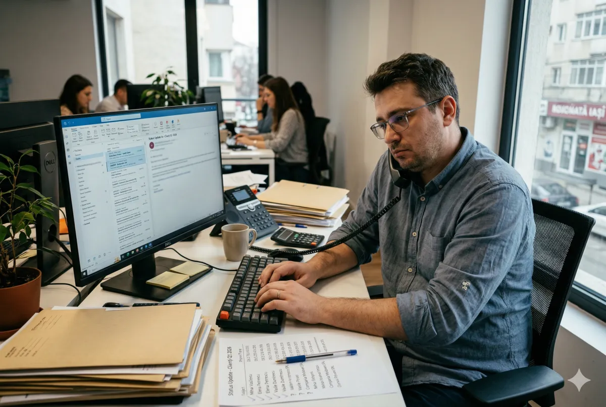 Accountant managing client emails and documents at a busy desk with a calculator and paperwork