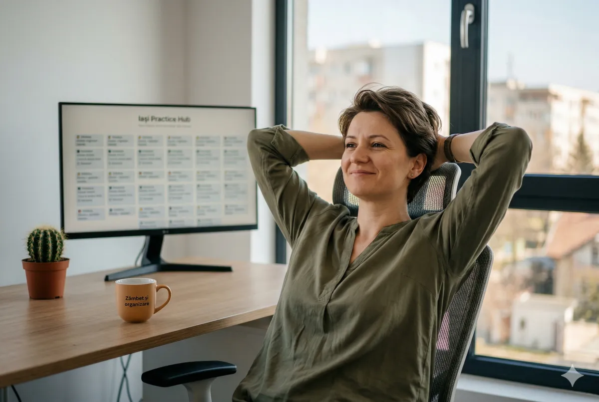 Relaxed practice manager leaning back in her chair with a well-organized template dashboard on screen