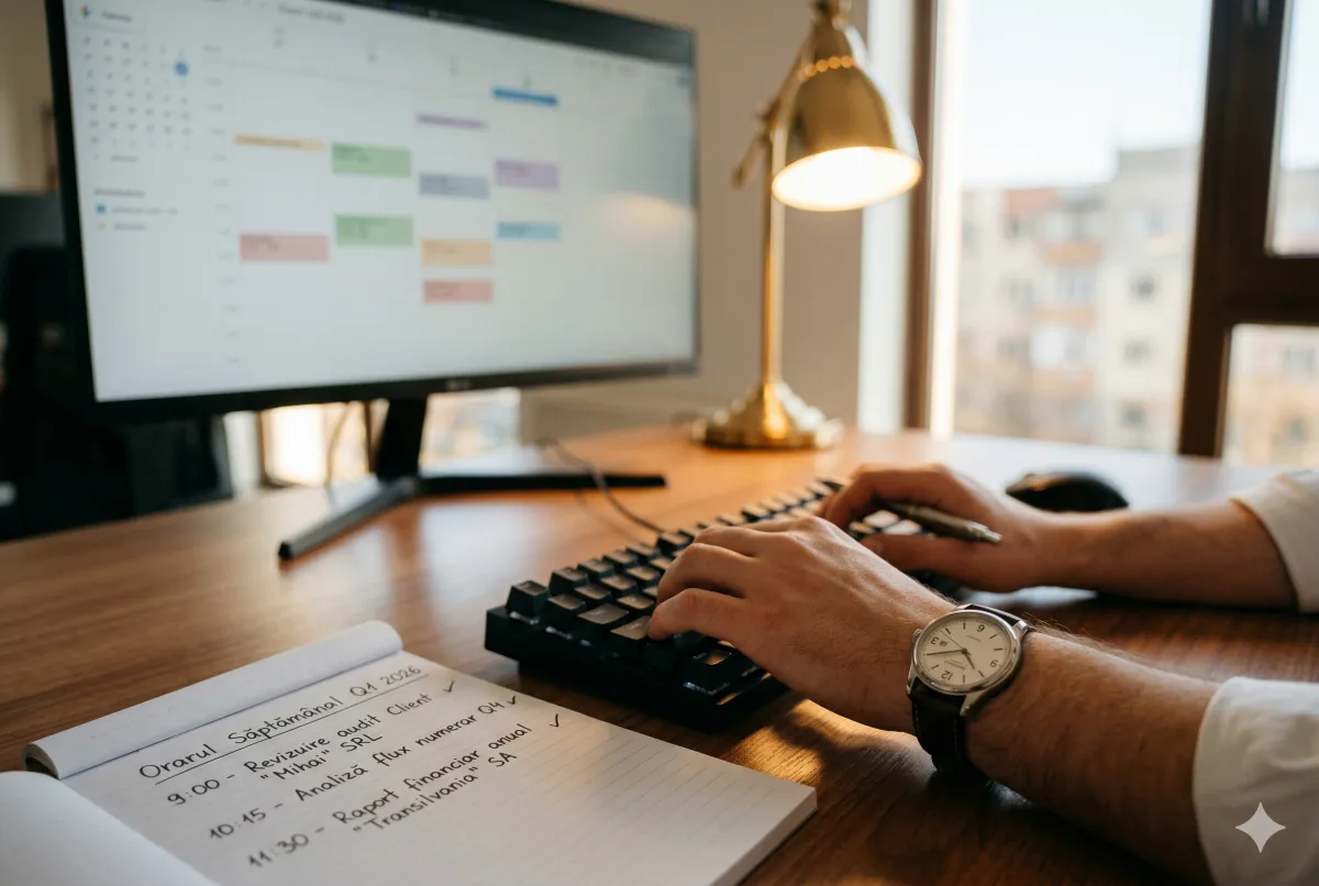 Accountant logging time entries at his desk with a handwritten schedule beside the keyboard