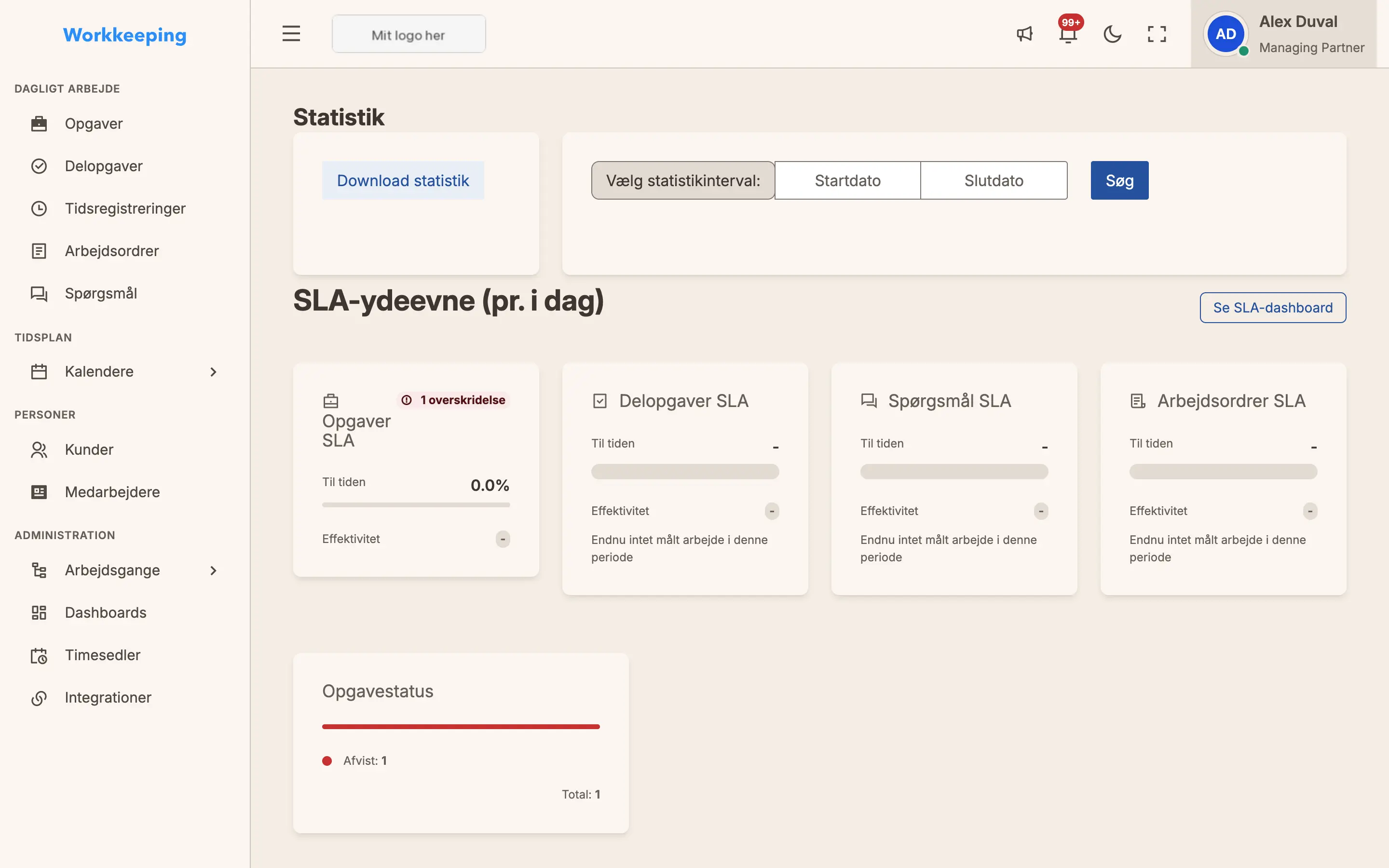 Statistikside for revisionsfirmaet med nøgletalskort og præstationsgrafer