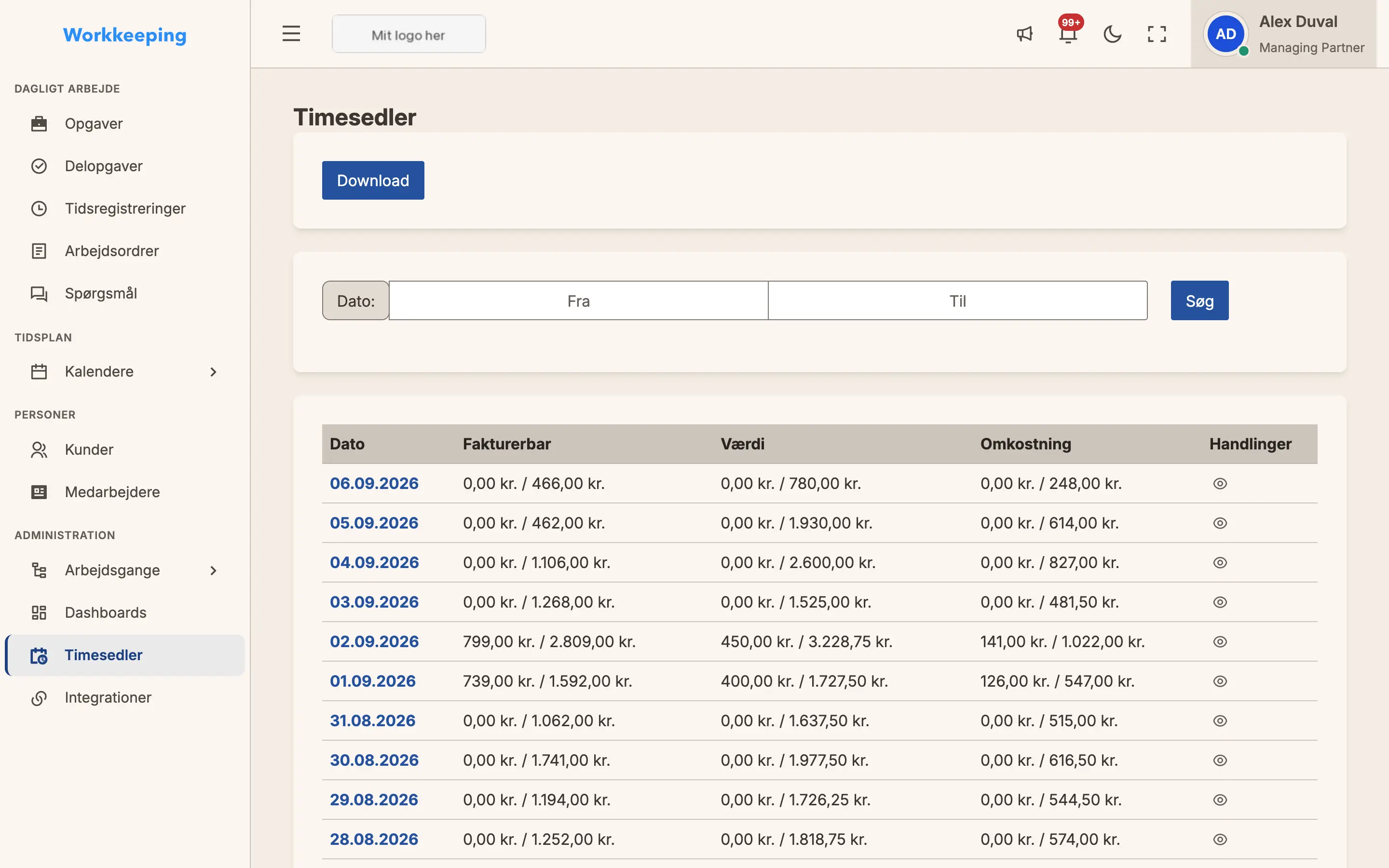 Timesedler for hele firmaet med de timer, teamet har registreret