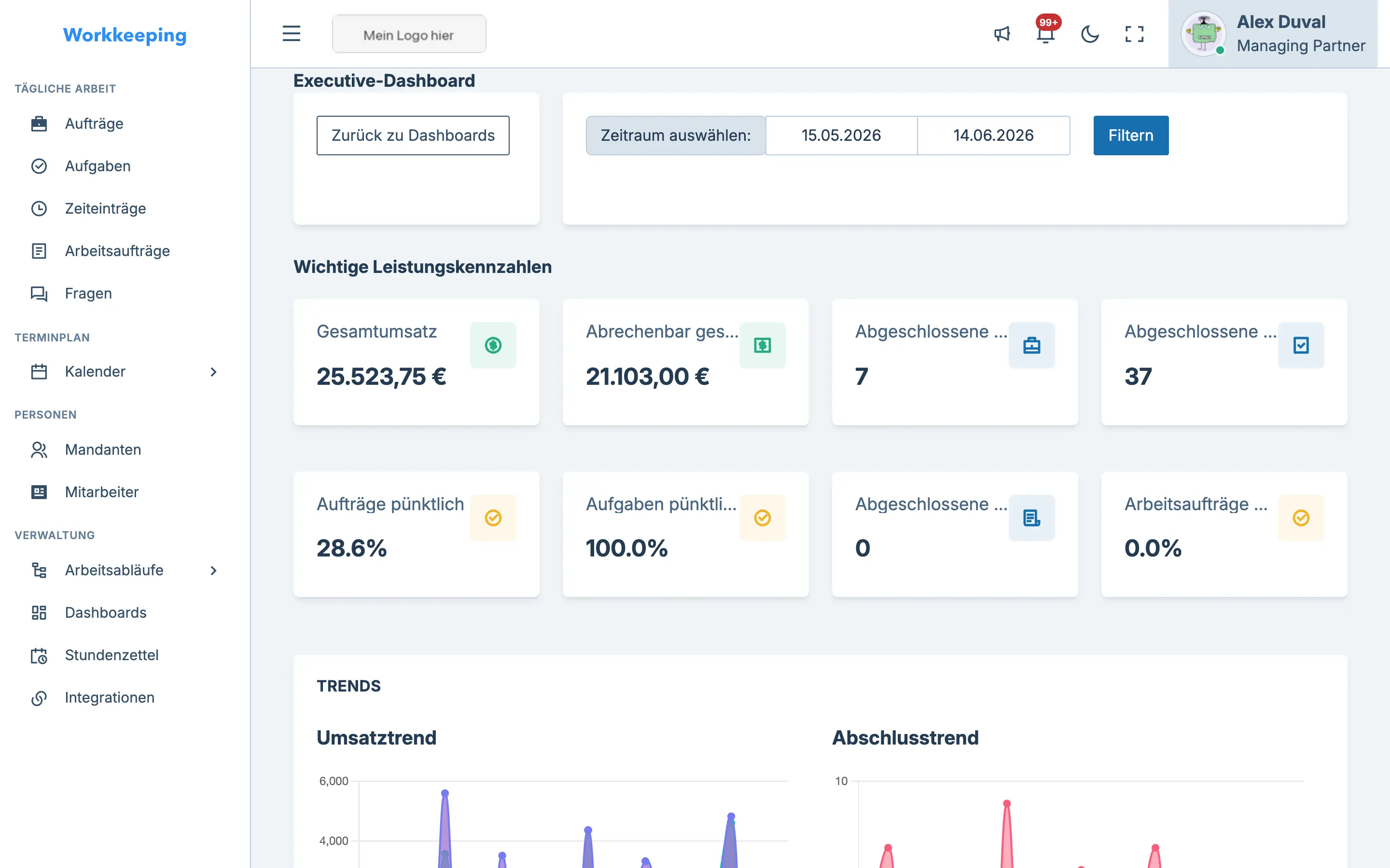 Executive-Dashboard mit KPI-Karten, Trenddiagrammen und Überblick über die Teamauslastung