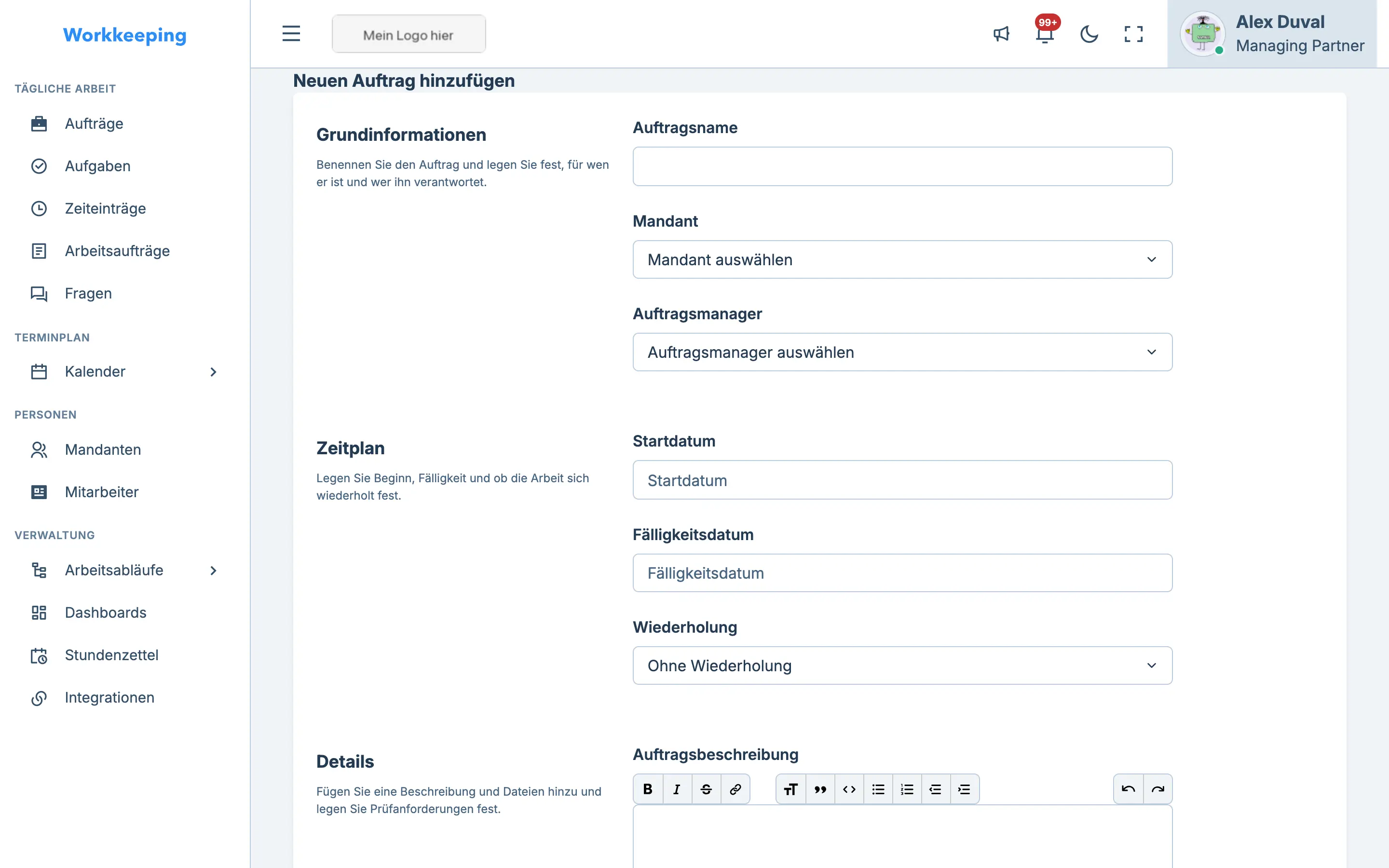 Formular für neuen Auftrag mit klar gegliederten Feldern für Details, Terminplanung und Zuweisung