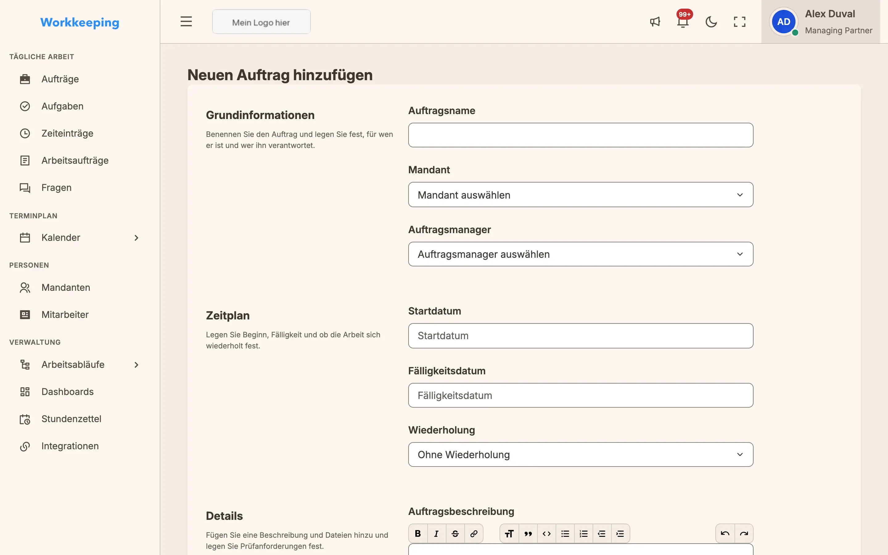 Formular für neuen Auftrag mit klar gegliederten Feldern für Details, Terminplanung und Zuweisung