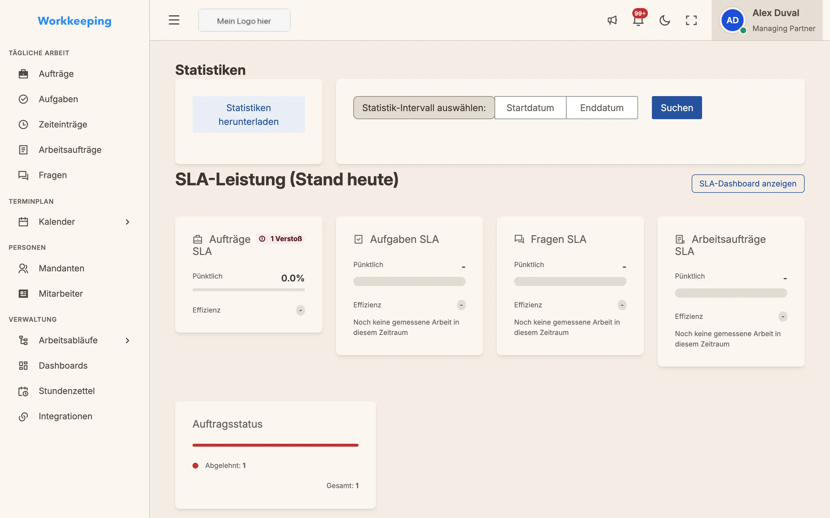 Kanzleistatistik-Seite mit Kennzahlenkarten und Leistungsdiagrammen