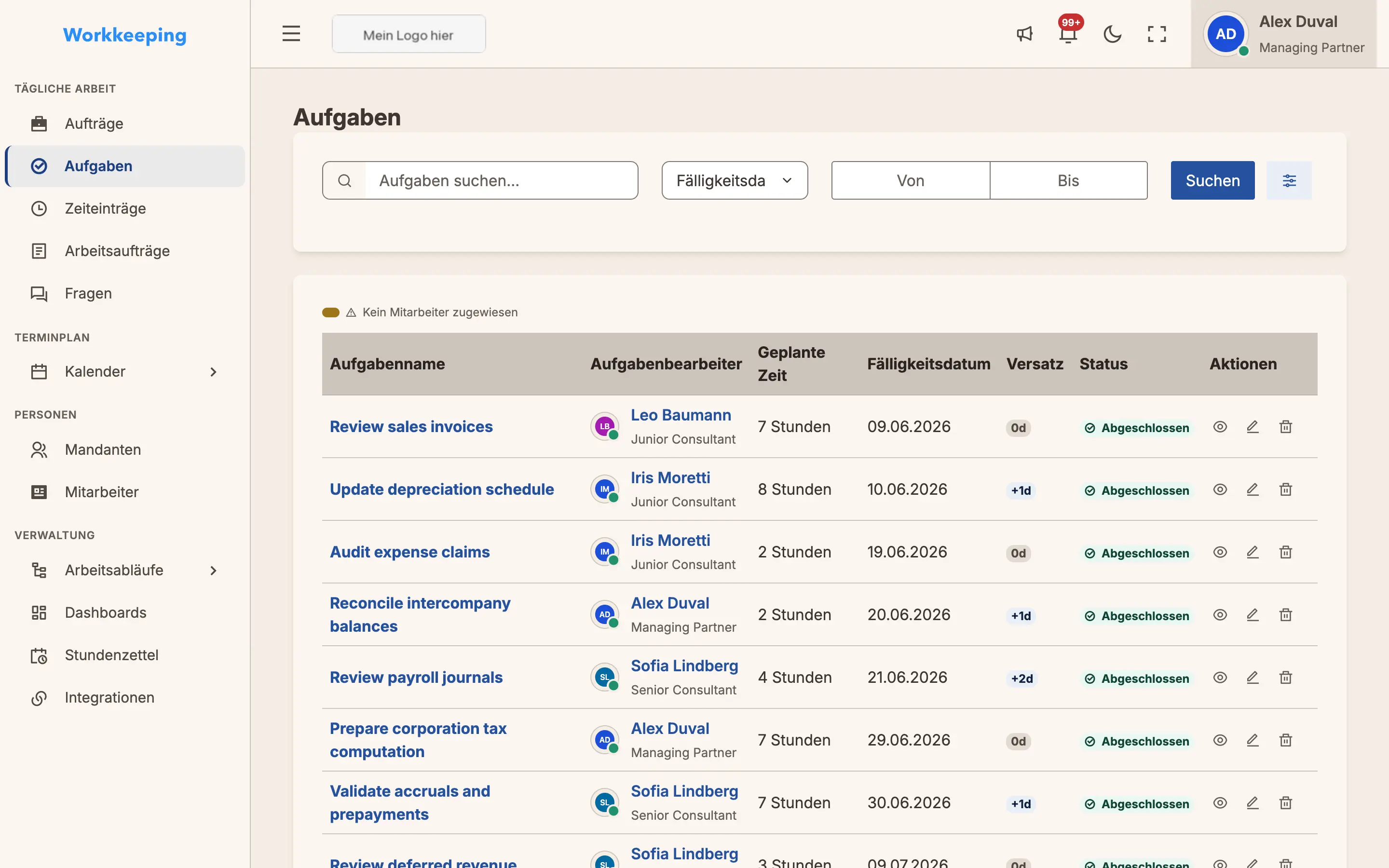 Aufgabenliste mit Zuweisungen, Status und Fälligkeitsdaten