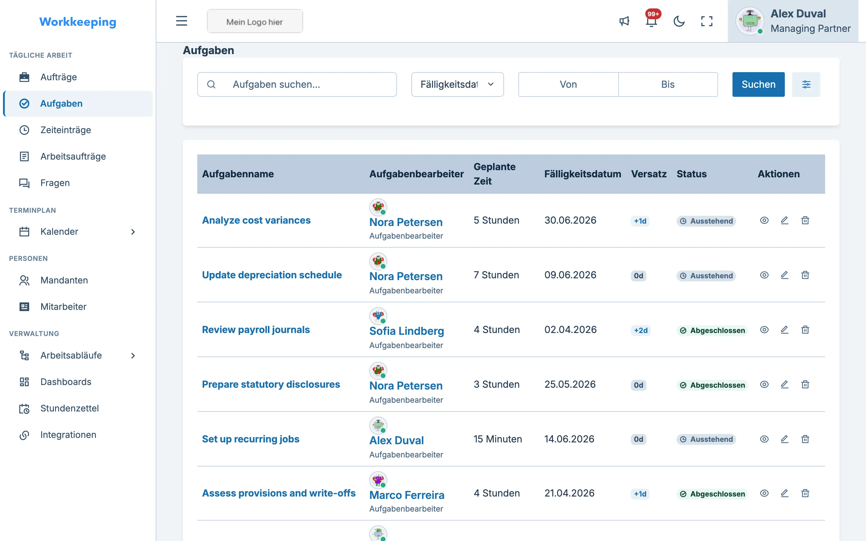 Aufgabenliste mit Zuweisungen, Status und Fälligkeitsdaten