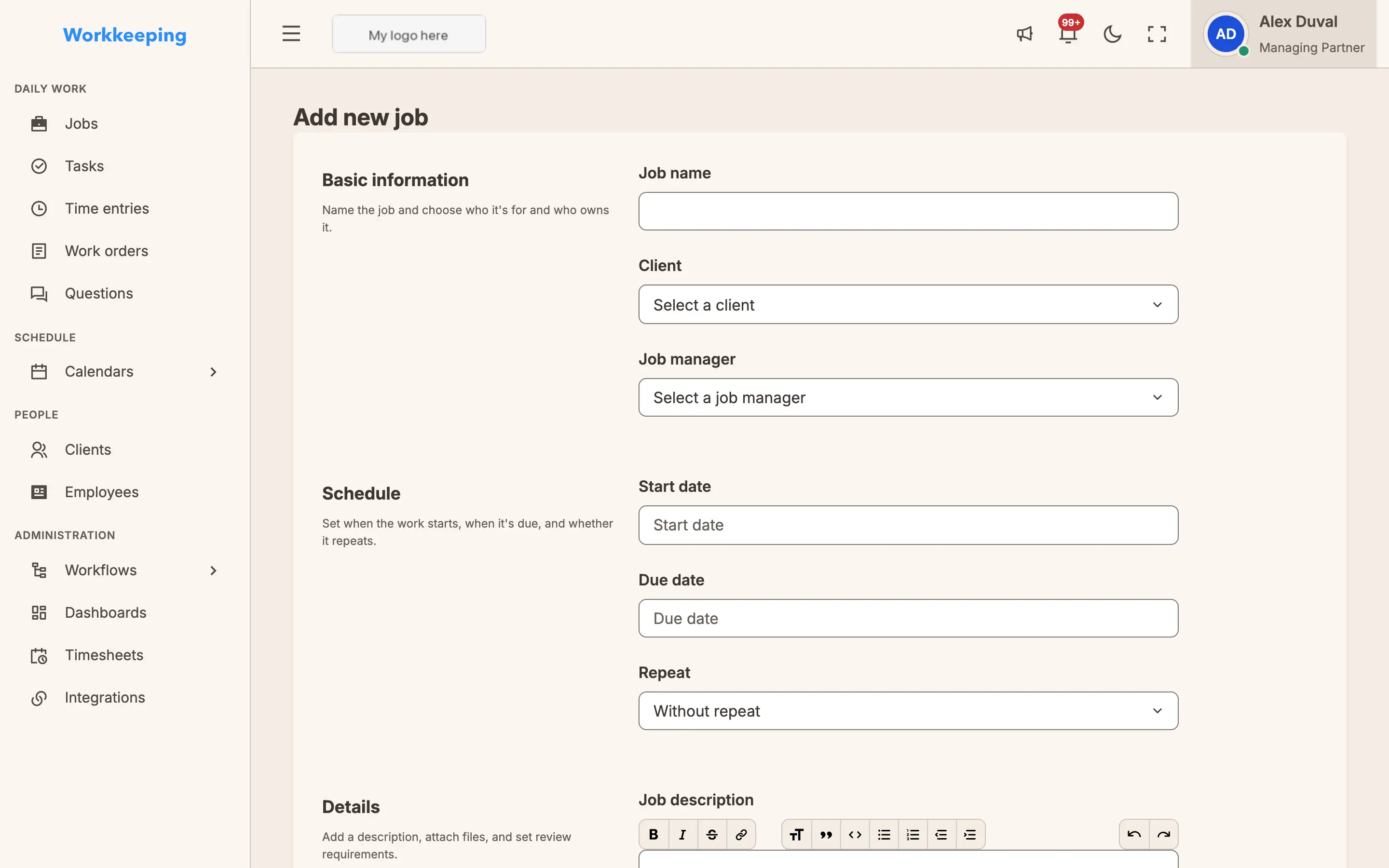 New job form with clearly sectioned fields for details, scheduling, and assignment