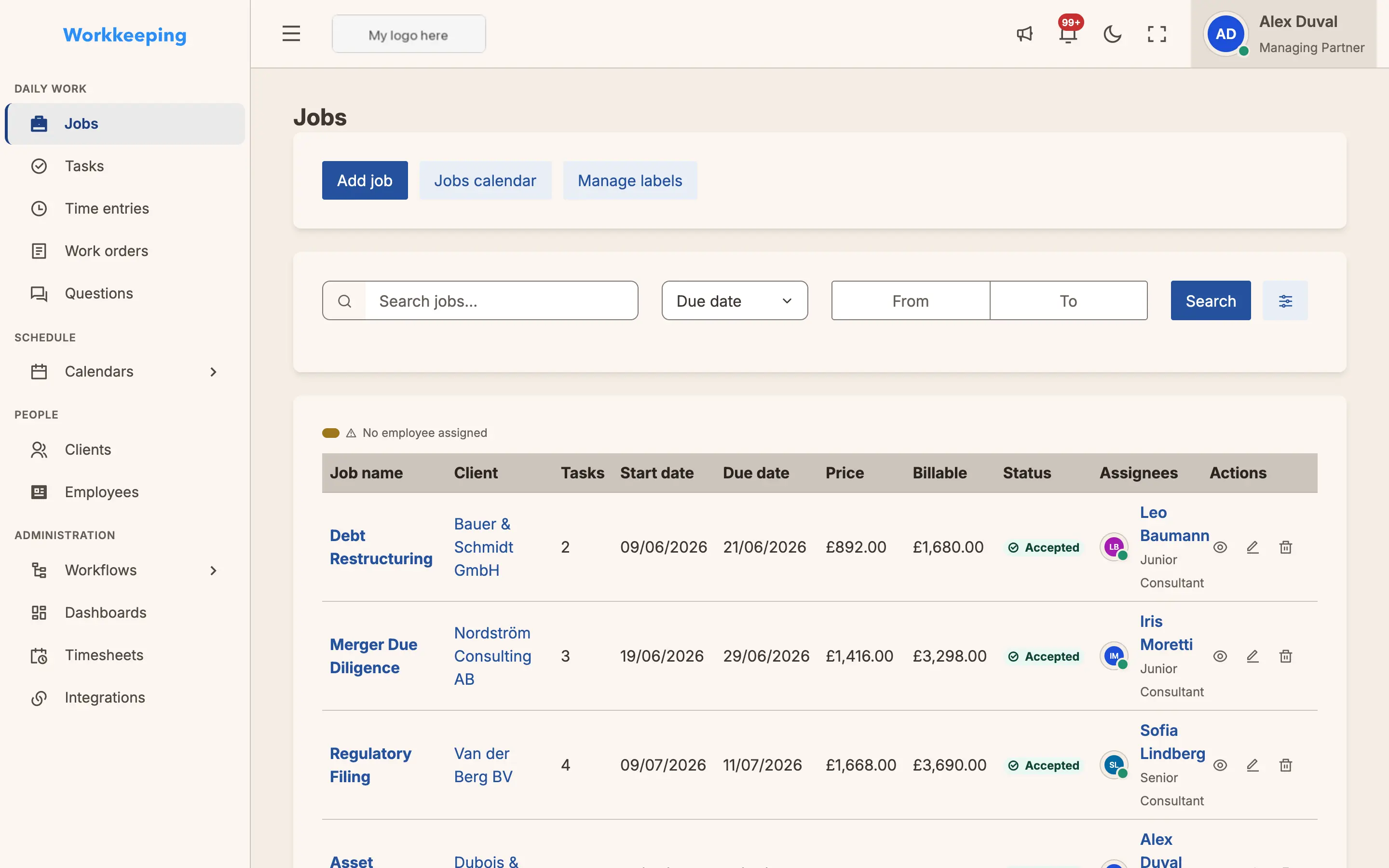 Jobs index showing a list of jobs with statuses, clients, and progress indicators