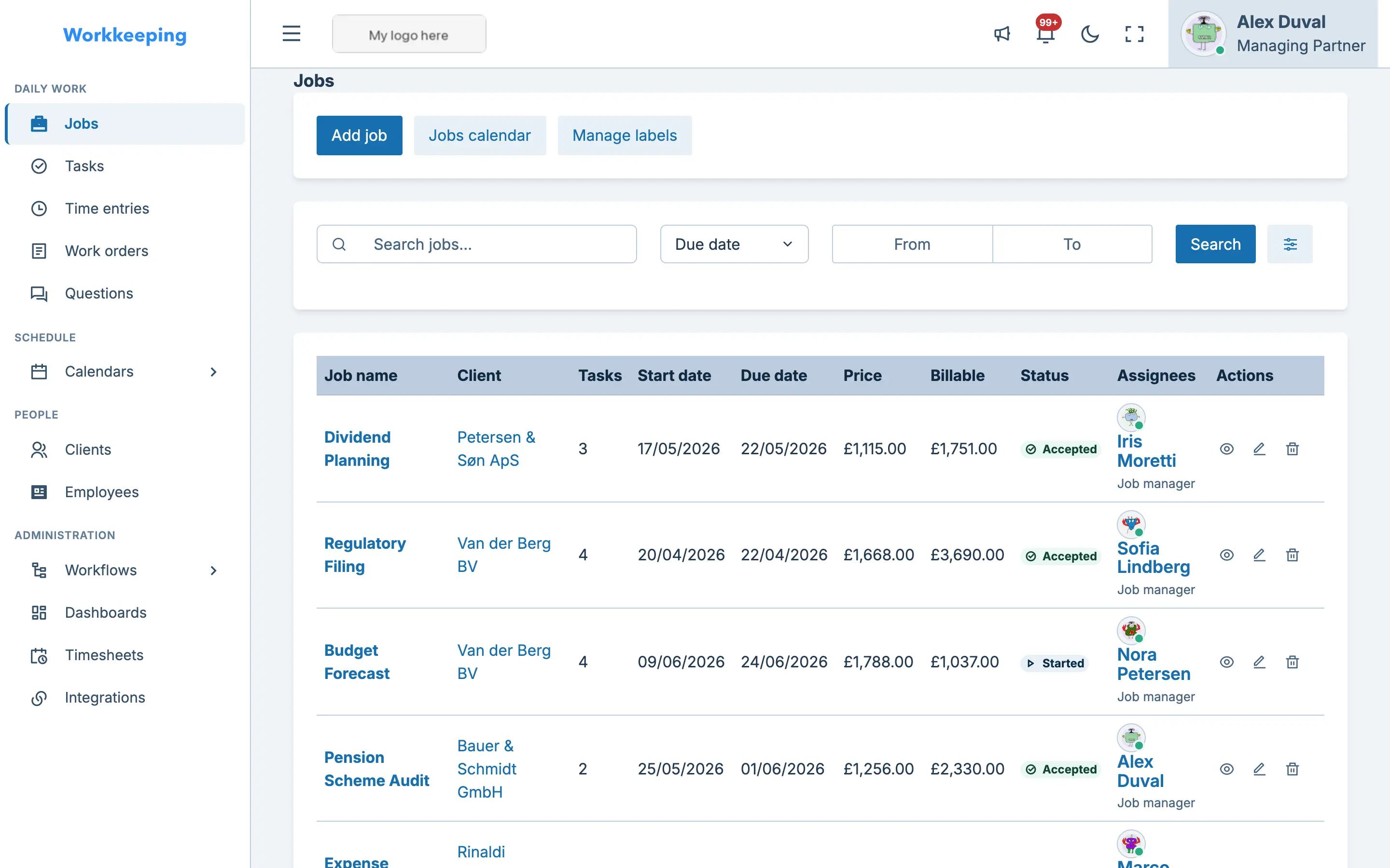Jobs index showing a list of jobs with statuses, clients, and progress indicators