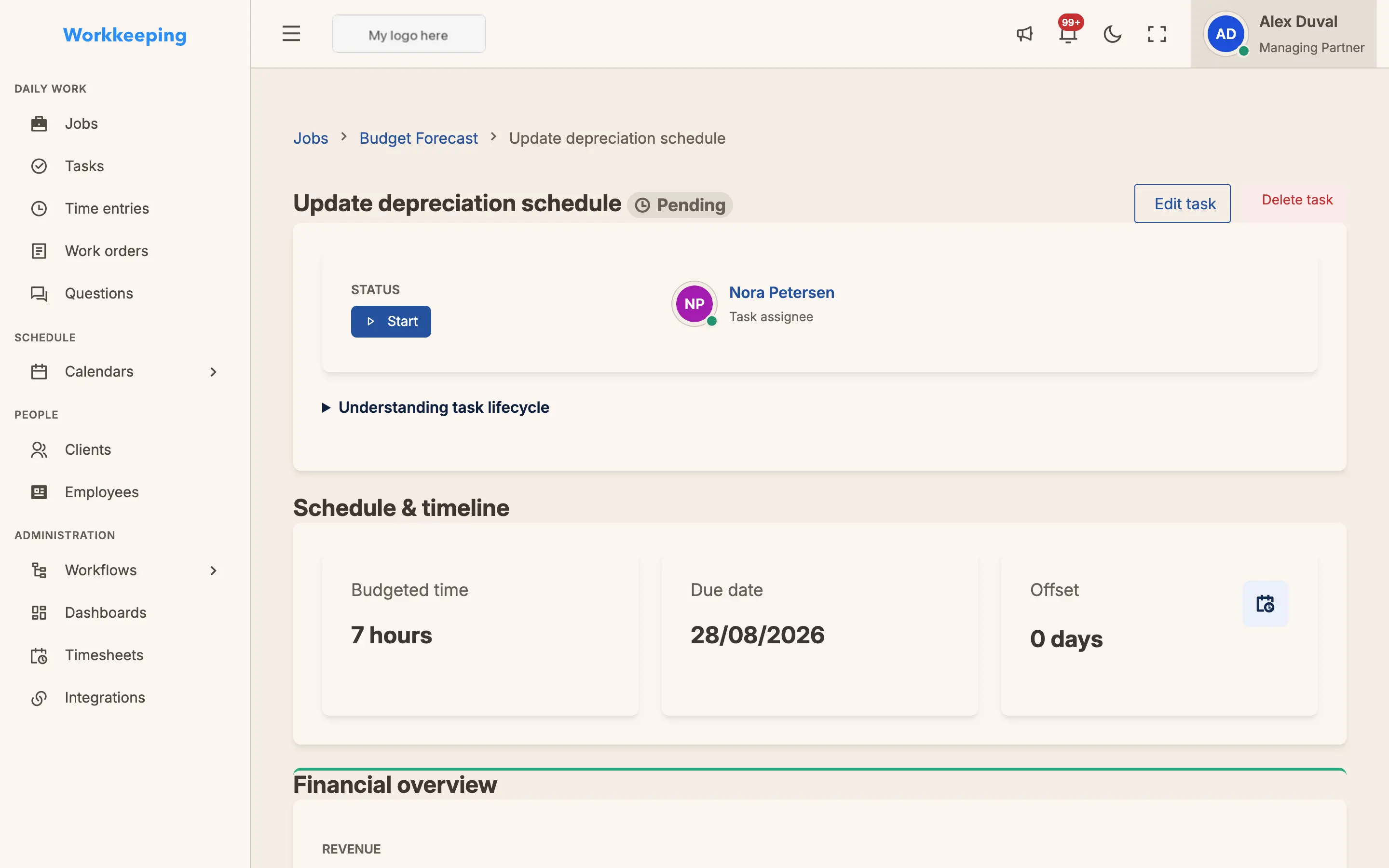 Task detail view with time tracking, comments, and status