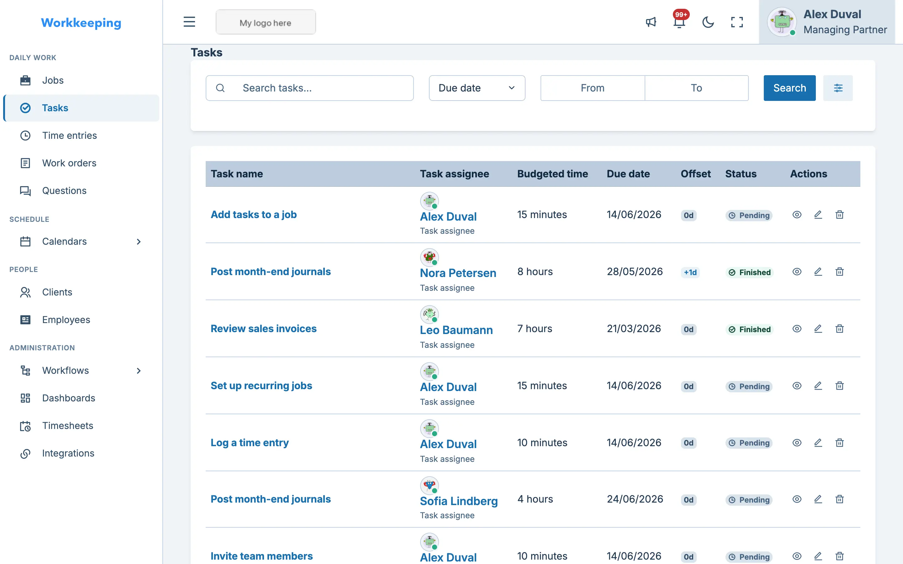 Tasks list showing assignments, statuses, and due dates