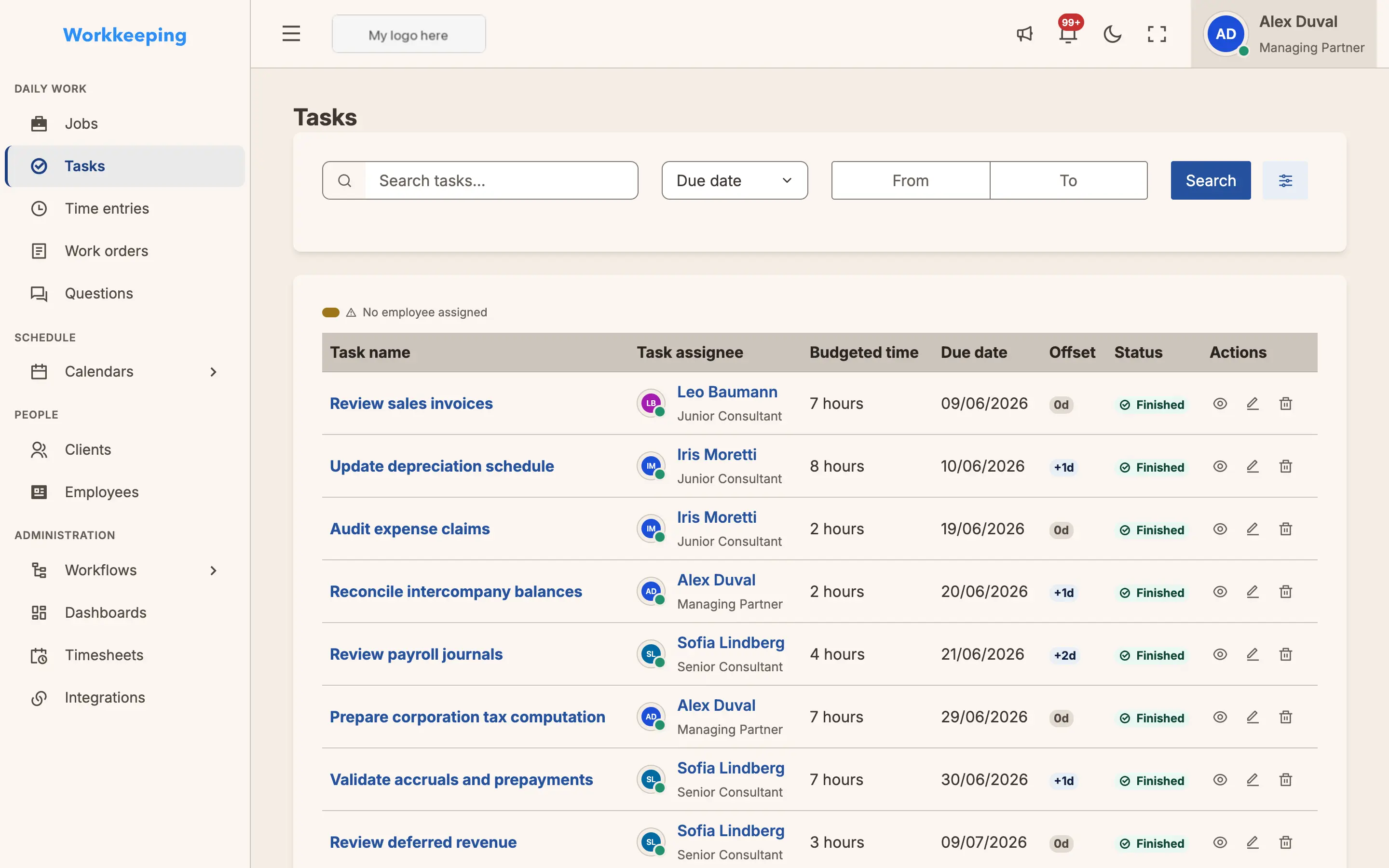 Tasks list showing assignments, statuses, and due dates