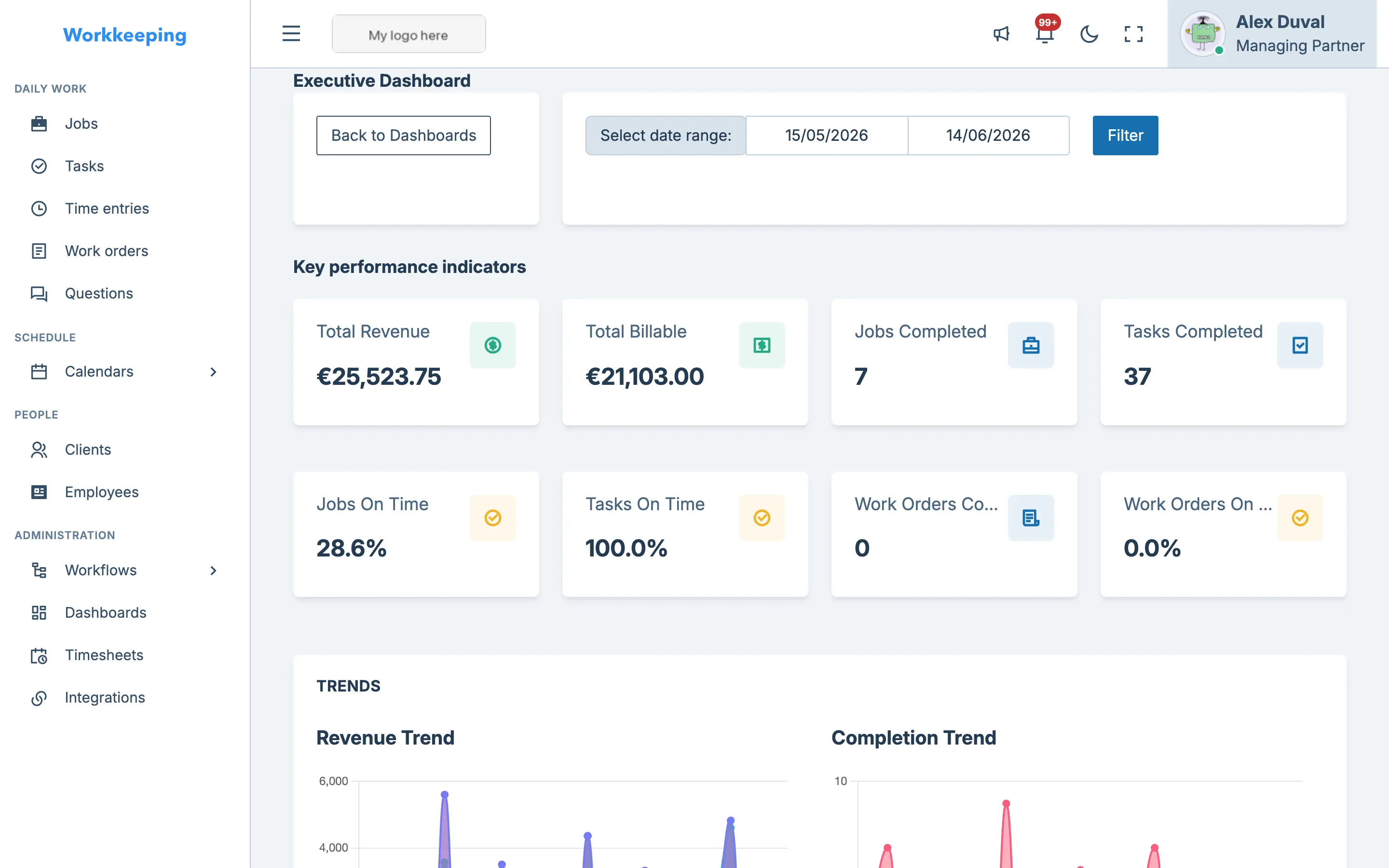 Executive dashboard showing KPI cards, trend charts, and team workload overview