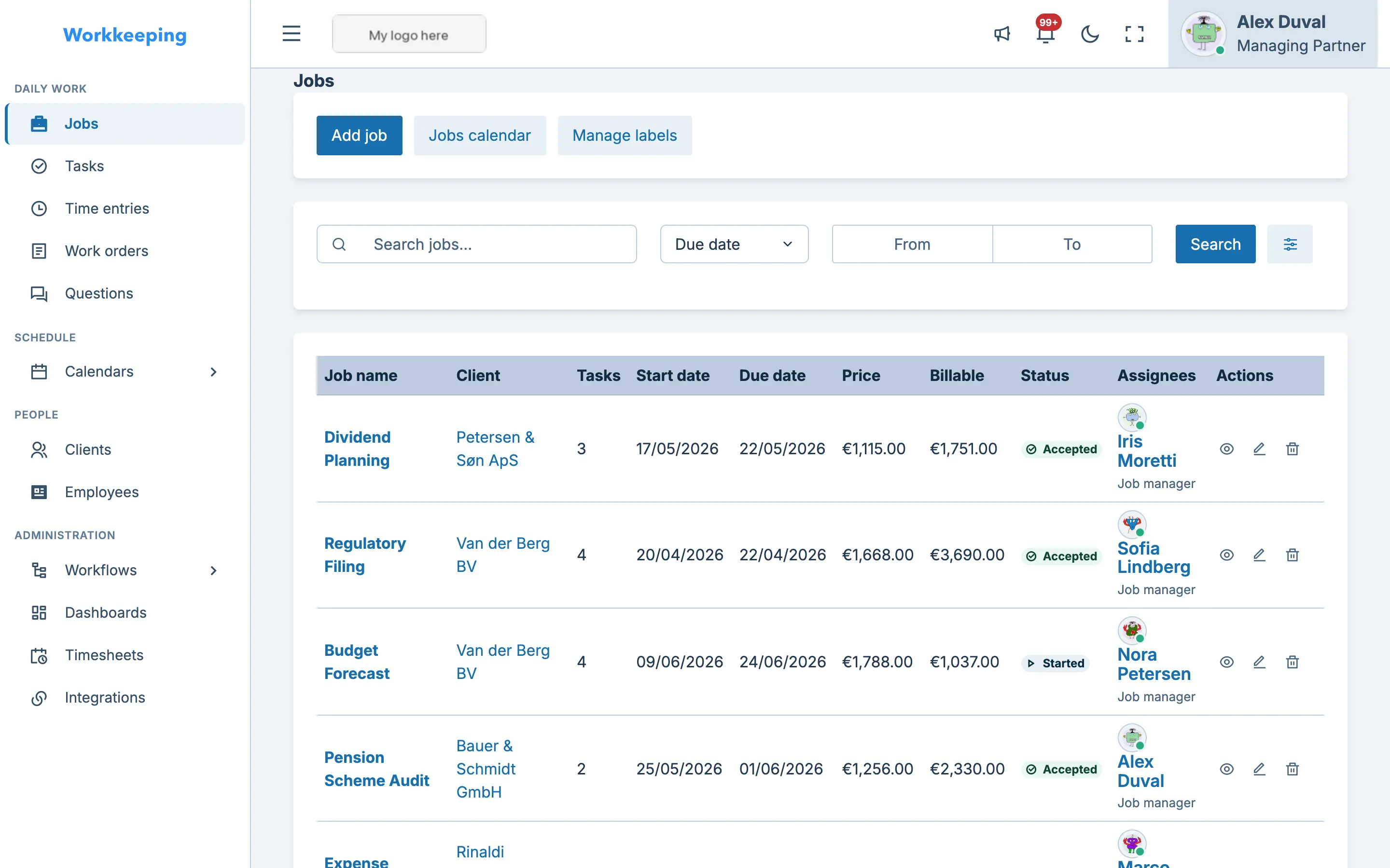 Jobs index showing a list of jobs with statuses, clients, and progress indicators
