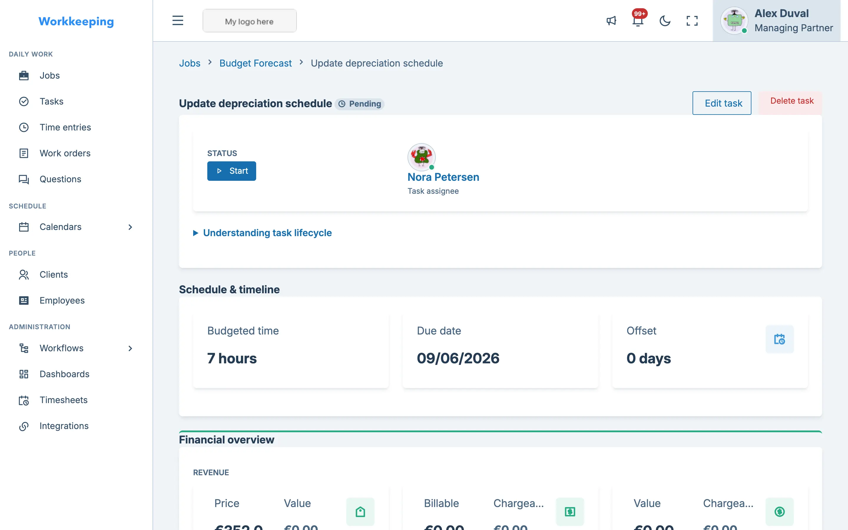 Task detail view with time tracking, comments, and status