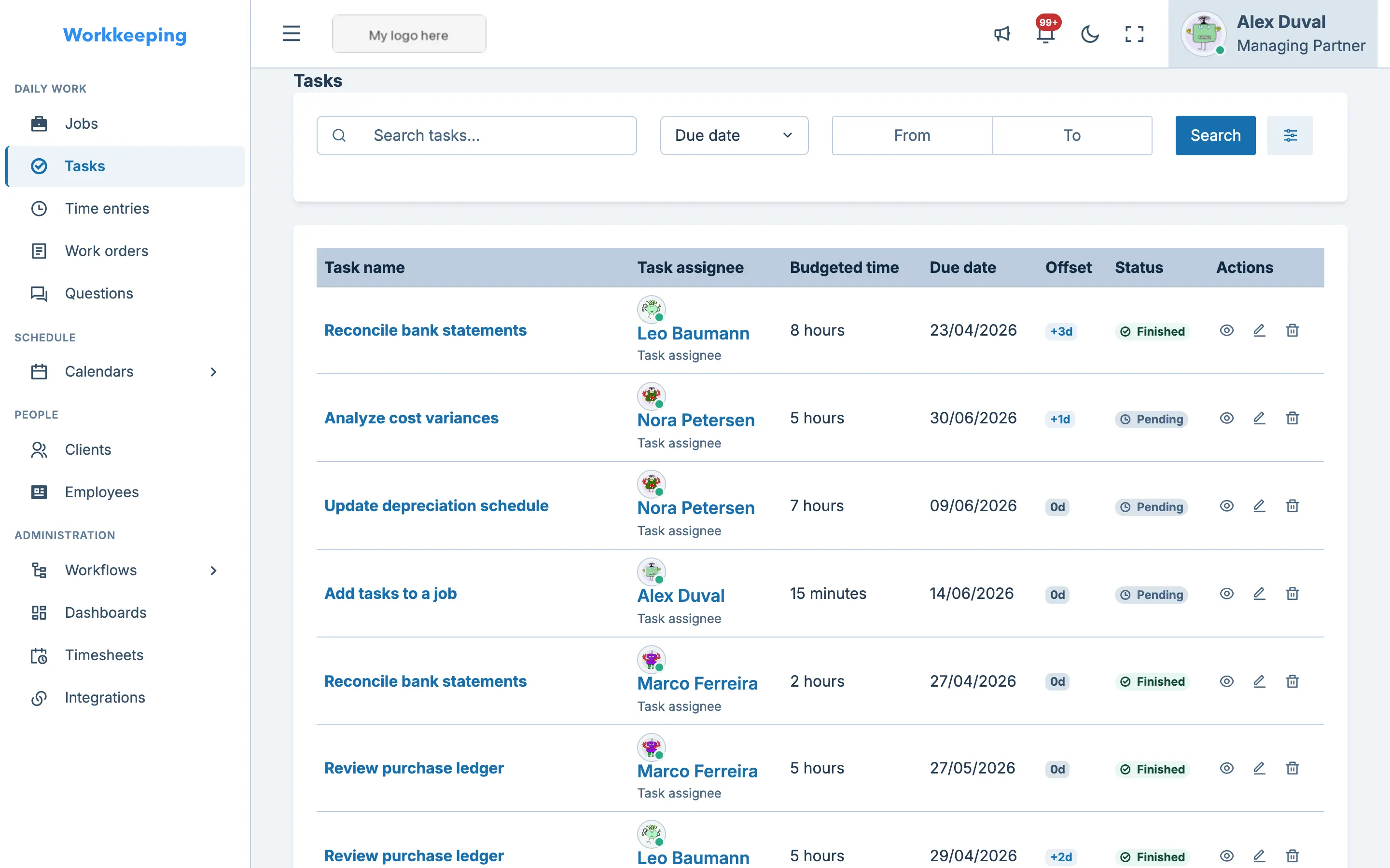 Tasks list showing assignments, statuses, and due dates