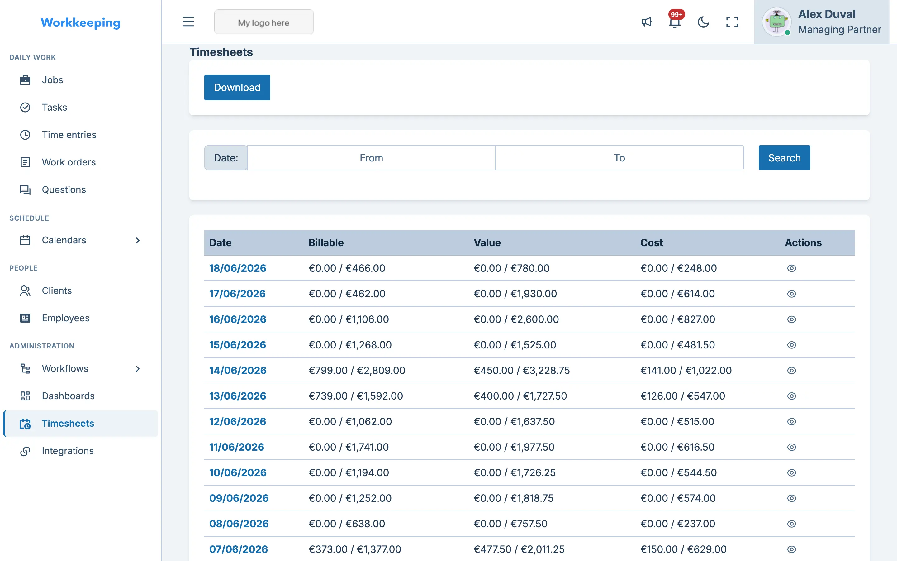 Firm-wide timesheets showing hours logged across the team