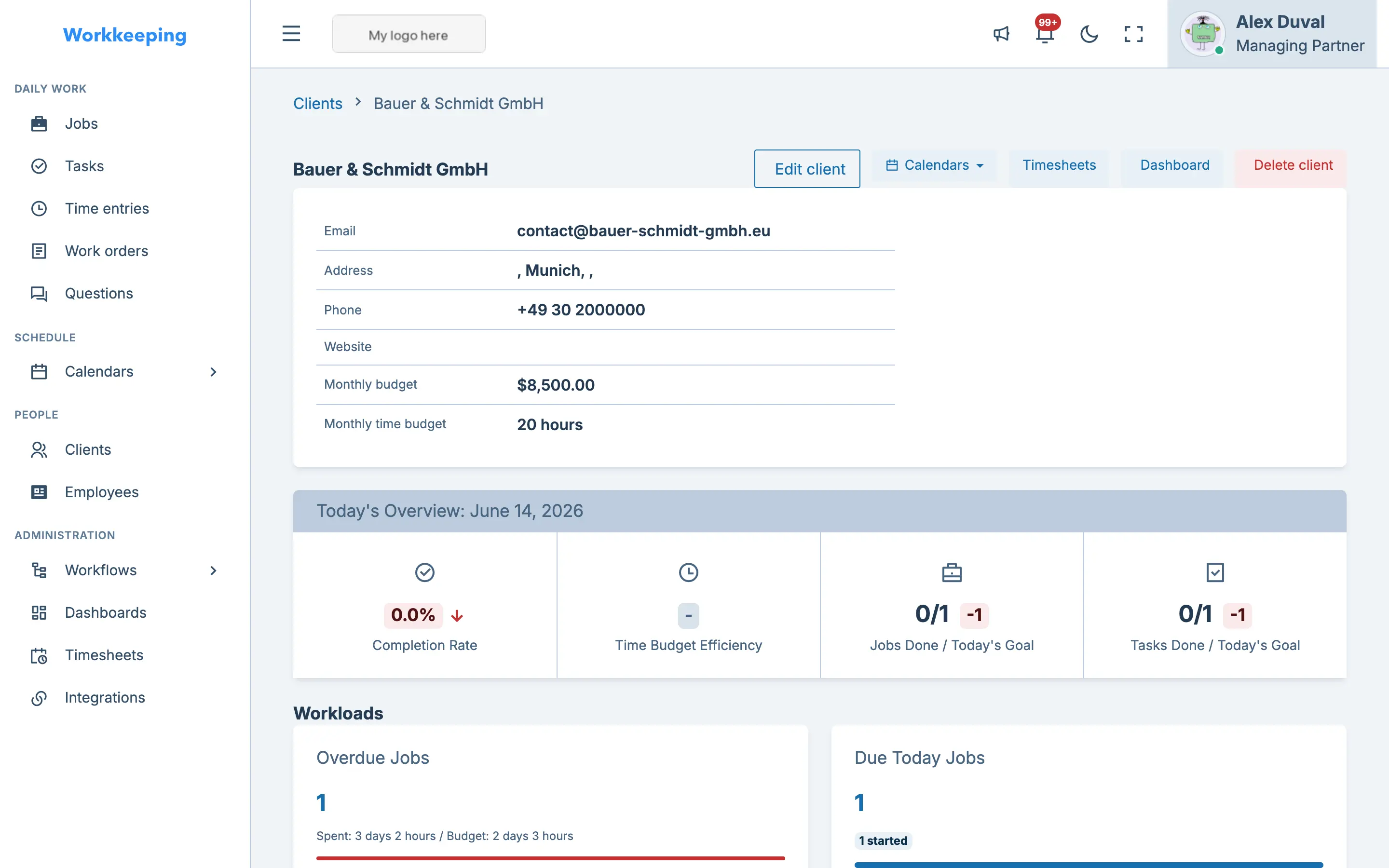 Client detail page with contacts, jobs, and activity history
