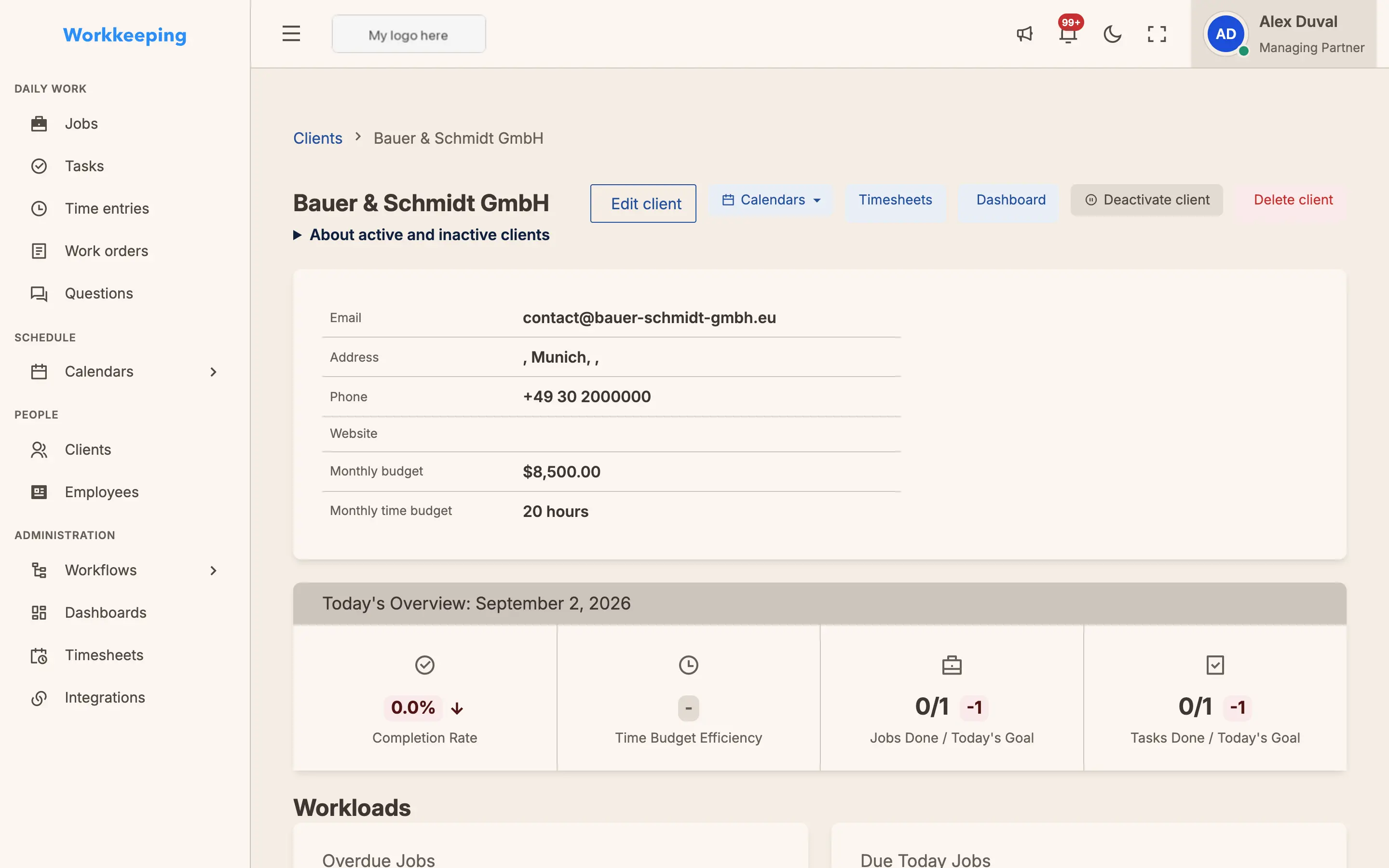 Client detail page with contacts, jobs, and activity history