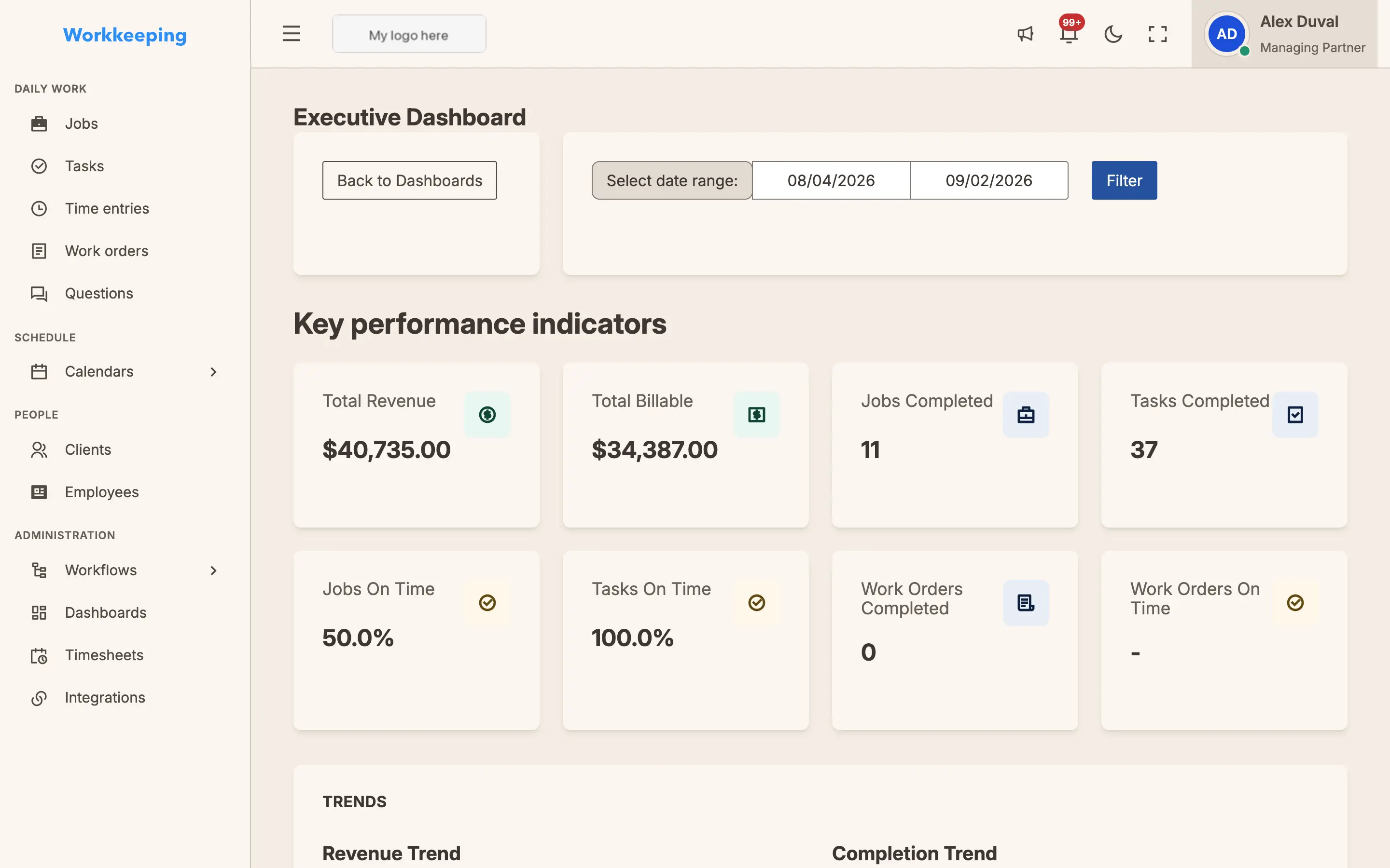 Executive dashboard showing KPI cards, trend charts, and team workload overview
