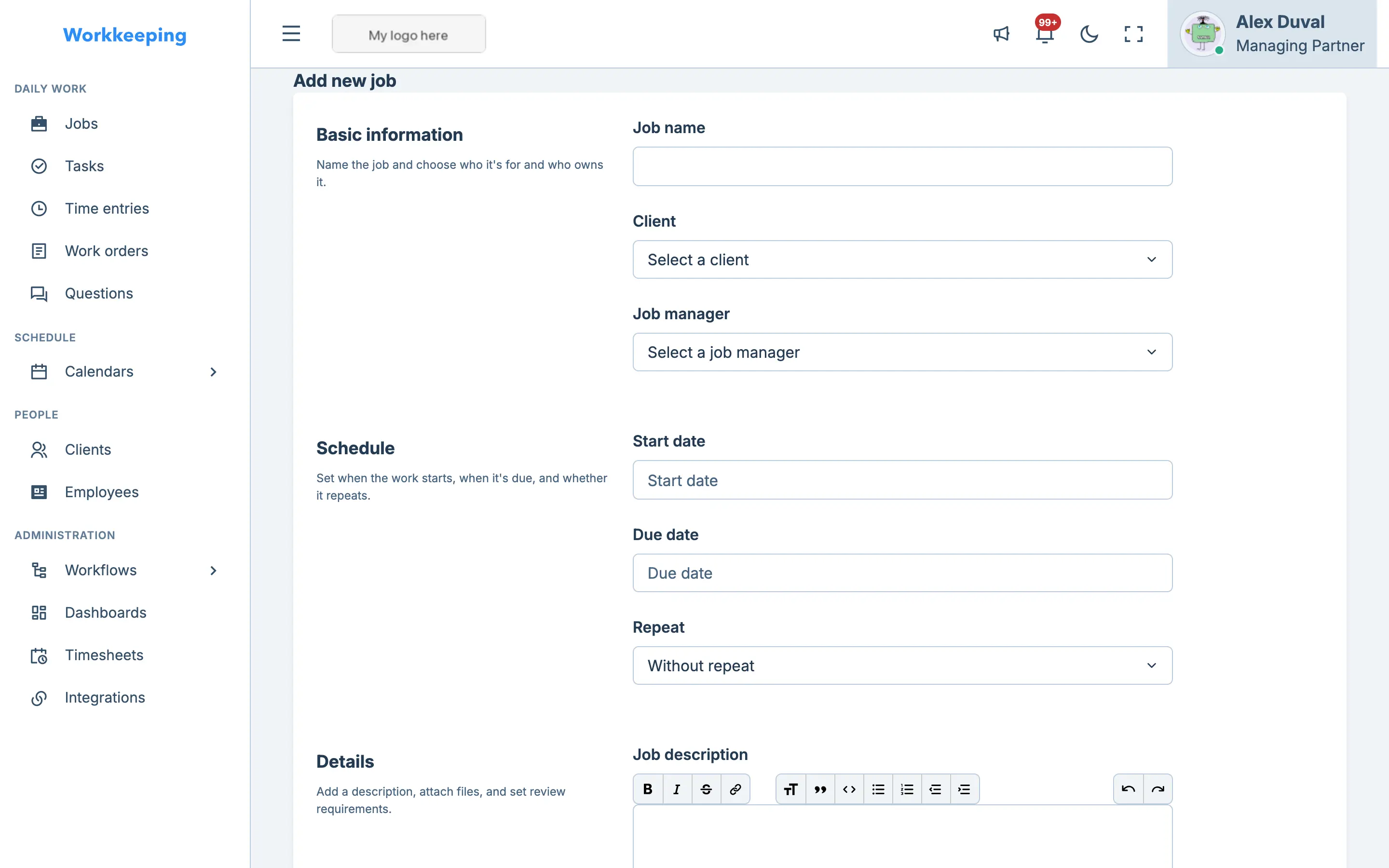 New job form with clearly sectioned fields for details, scheduling, and assignment