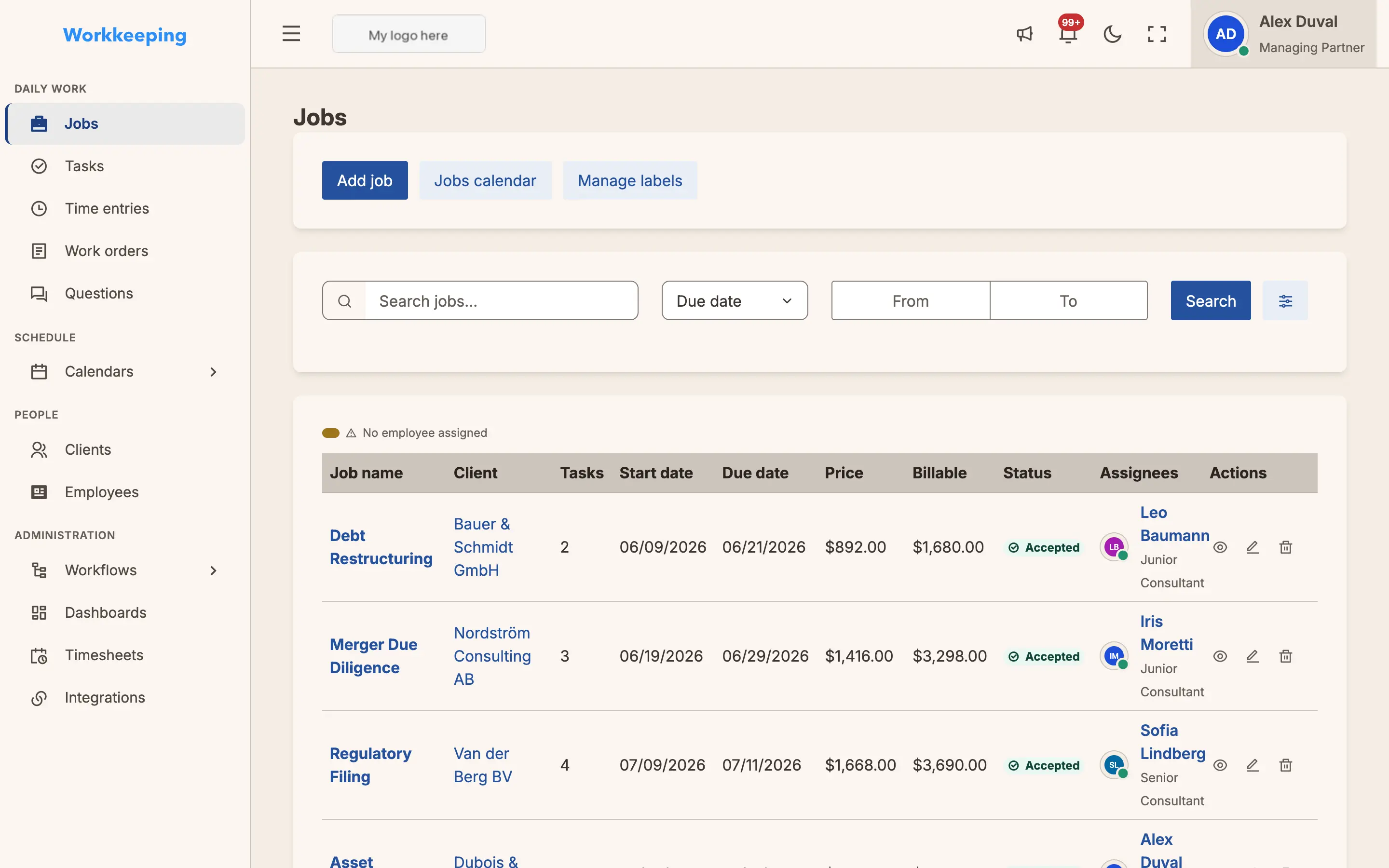Jobs index showing a list of jobs with statuses, clients, and progress indicators