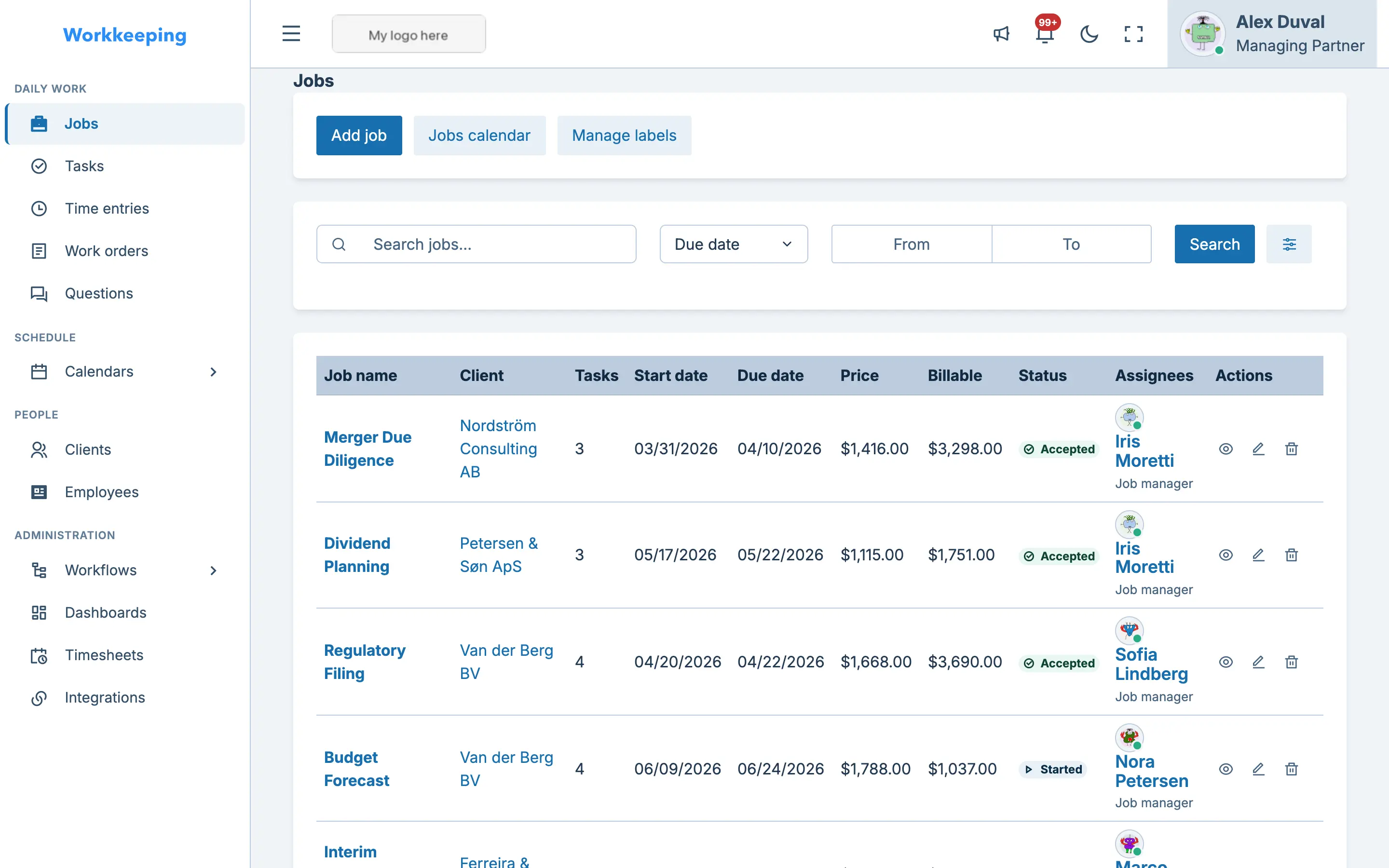Jobs index showing a list of jobs with statuses, clients, and progress indicators