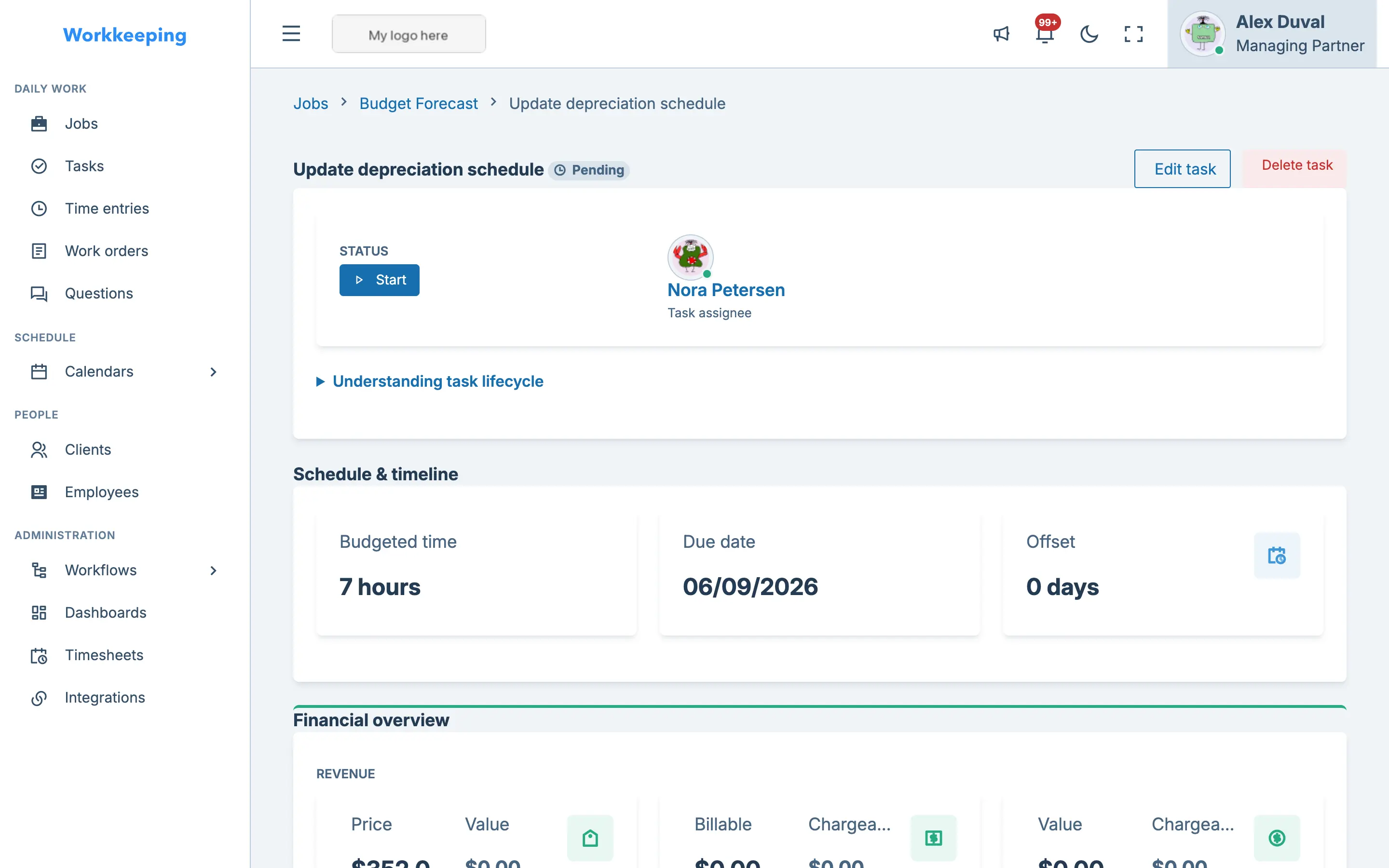 Task detail view with time tracking, comments, and status