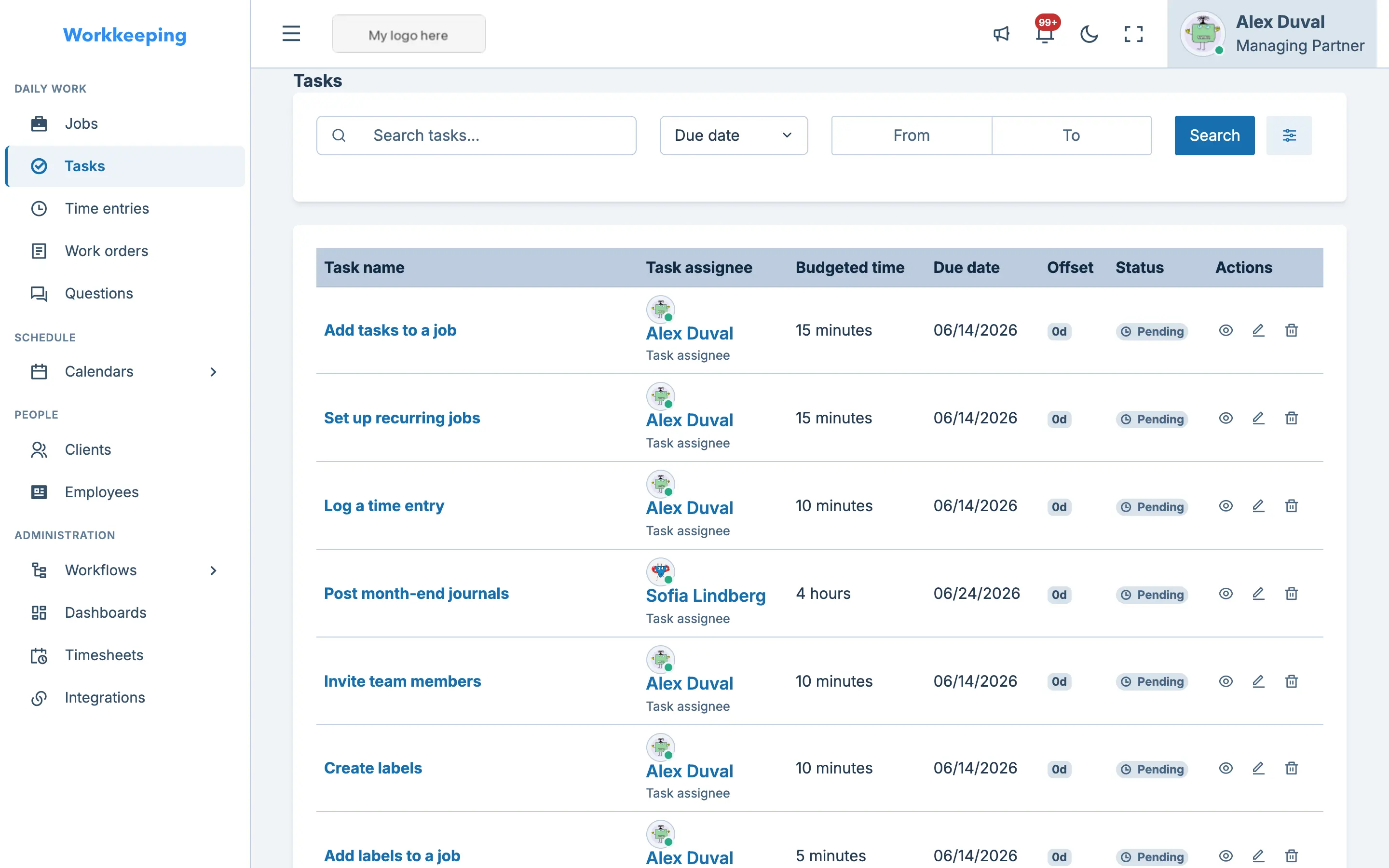 Tasks list showing assignments, statuses, and due dates