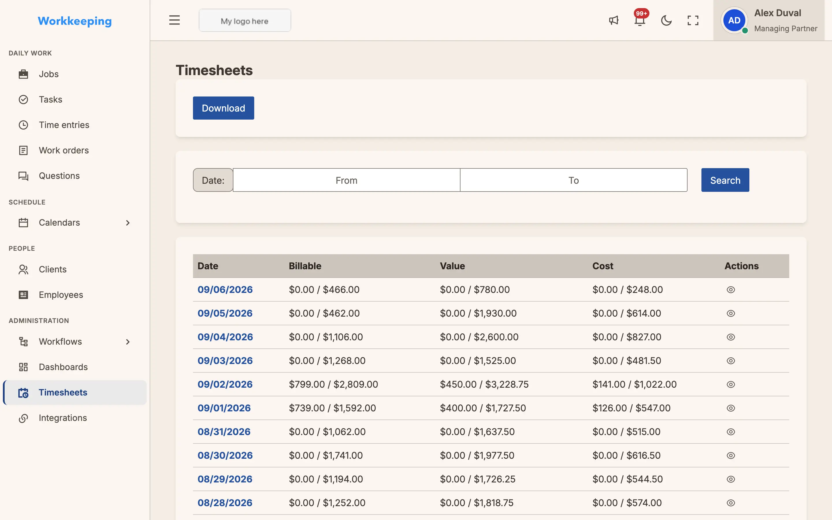 Firm-wide timesheets showing hours logged across the team