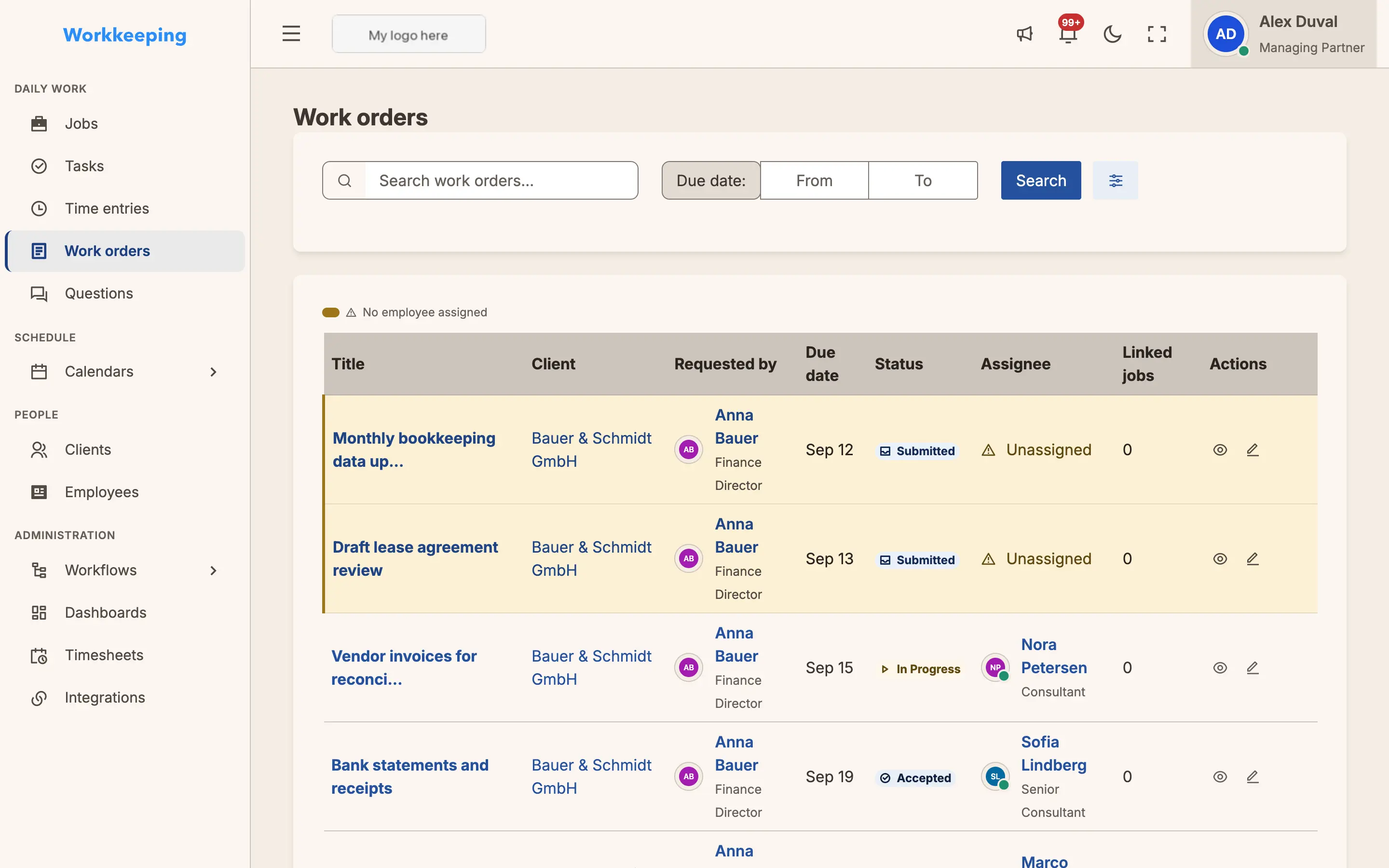 Work orders with colour-coded statuses