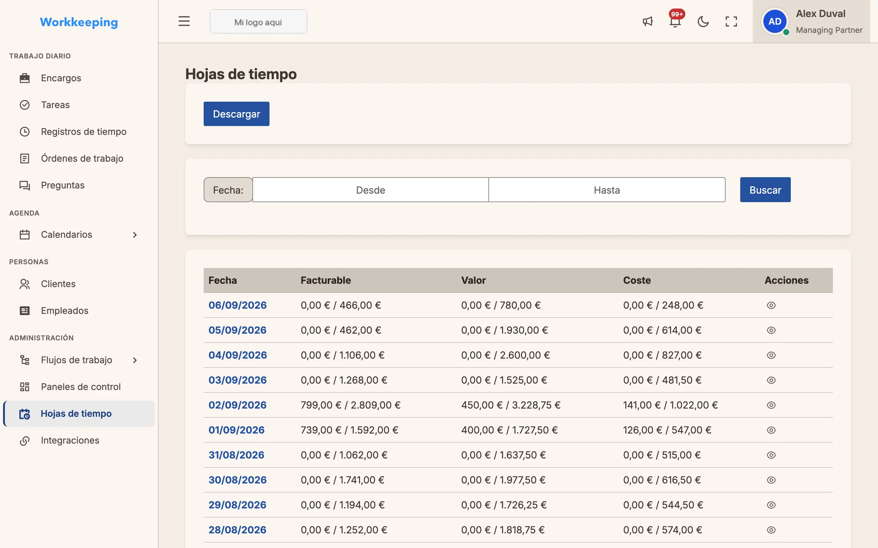 Partes de horas de toda la empresa con las horas registradas por el equipo