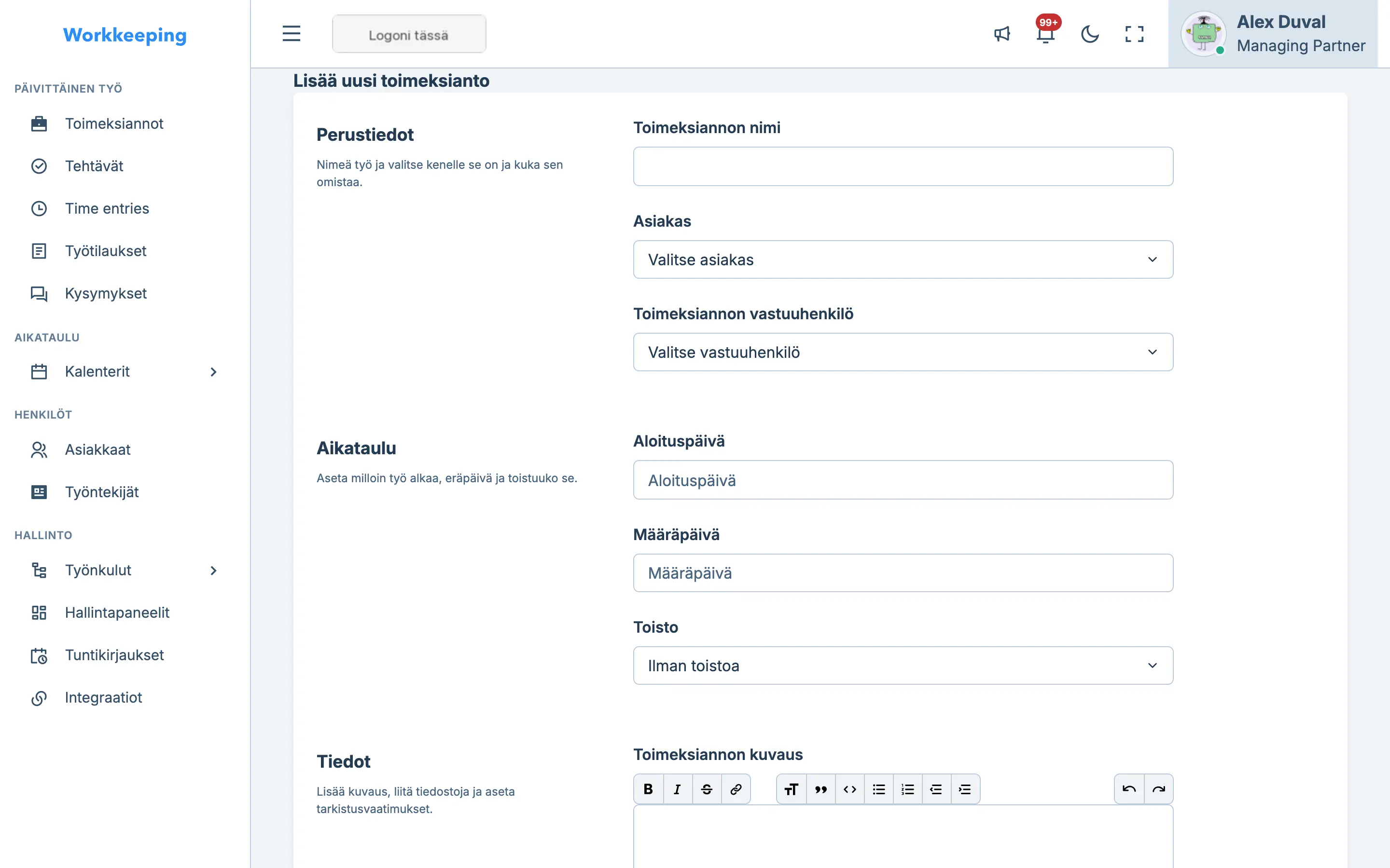 Uuden työn lomake selkeästi jaoteltuine kenttineen tietoja, aikataulutusta ja vastuunjakoa varten