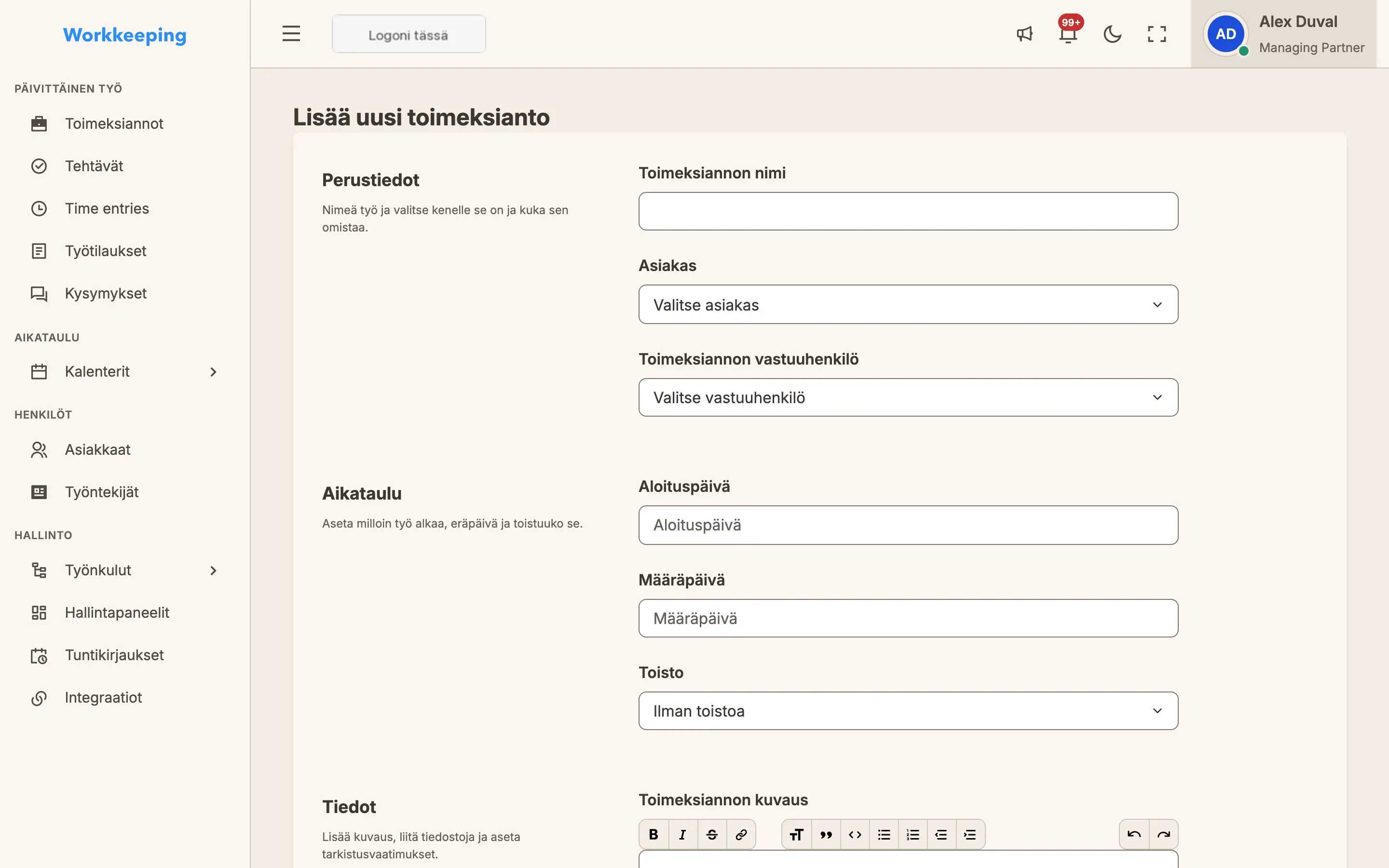 Uuden työn lomake selkeästi jaoteltuine kenttineen tietoja, aikataulutusta ja vastuunjakoa varten