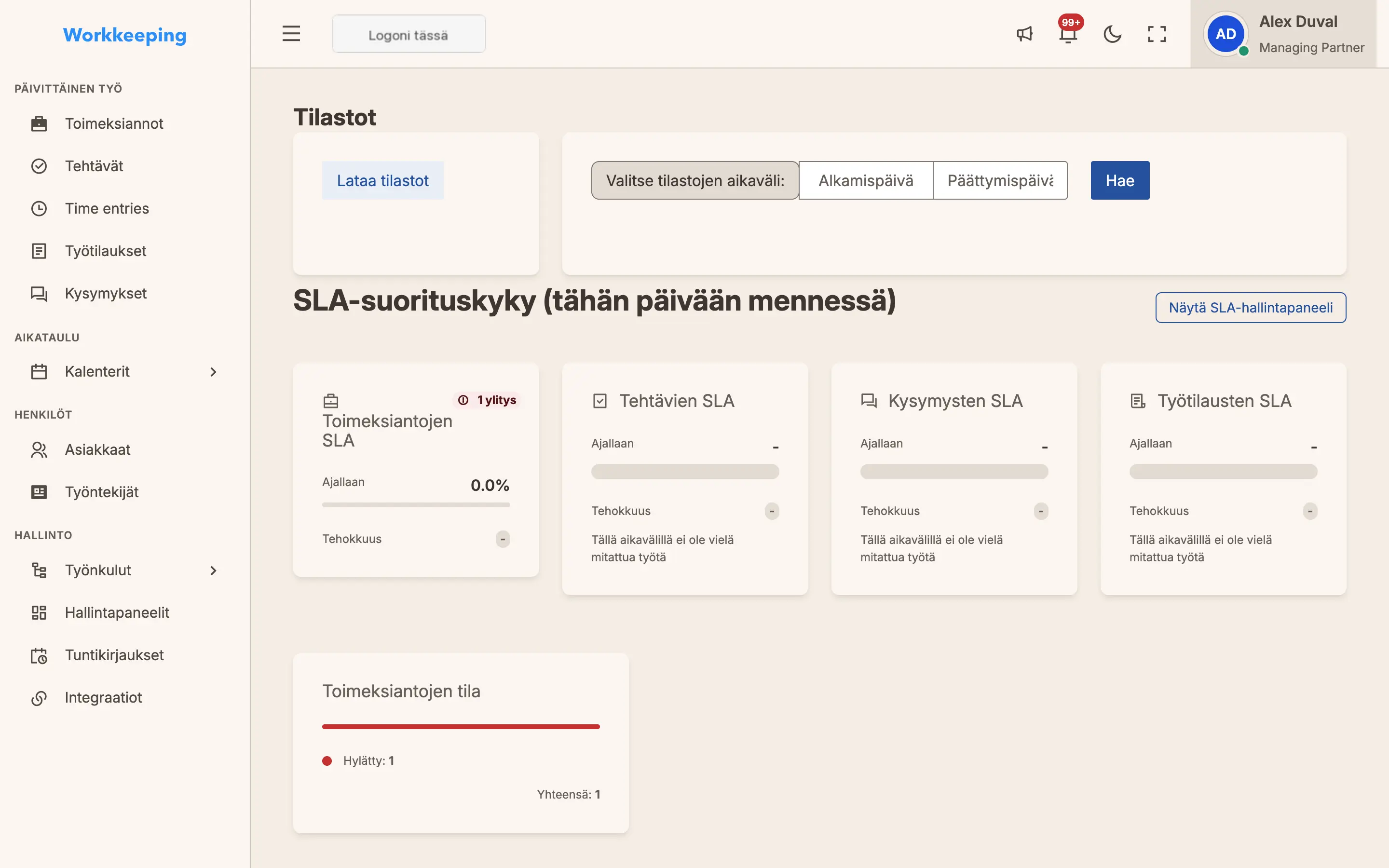 Tilitoimiston tilastosivu tunnuslukukorteilla ja suorituskykykaavoilla