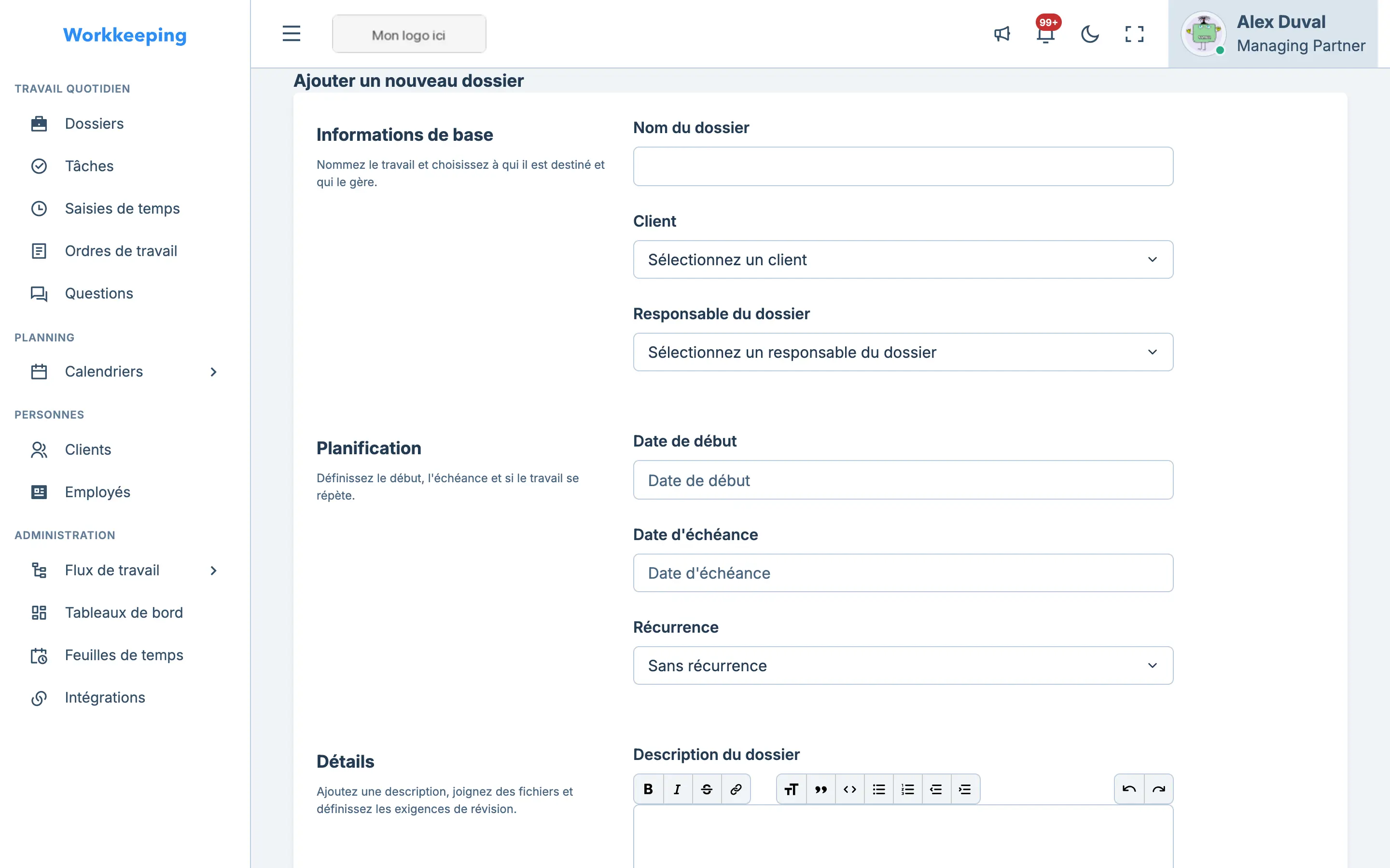 Formulaire de nouvelle mission avec des champs clairement répartis pour les détails, la planification et l'affectation