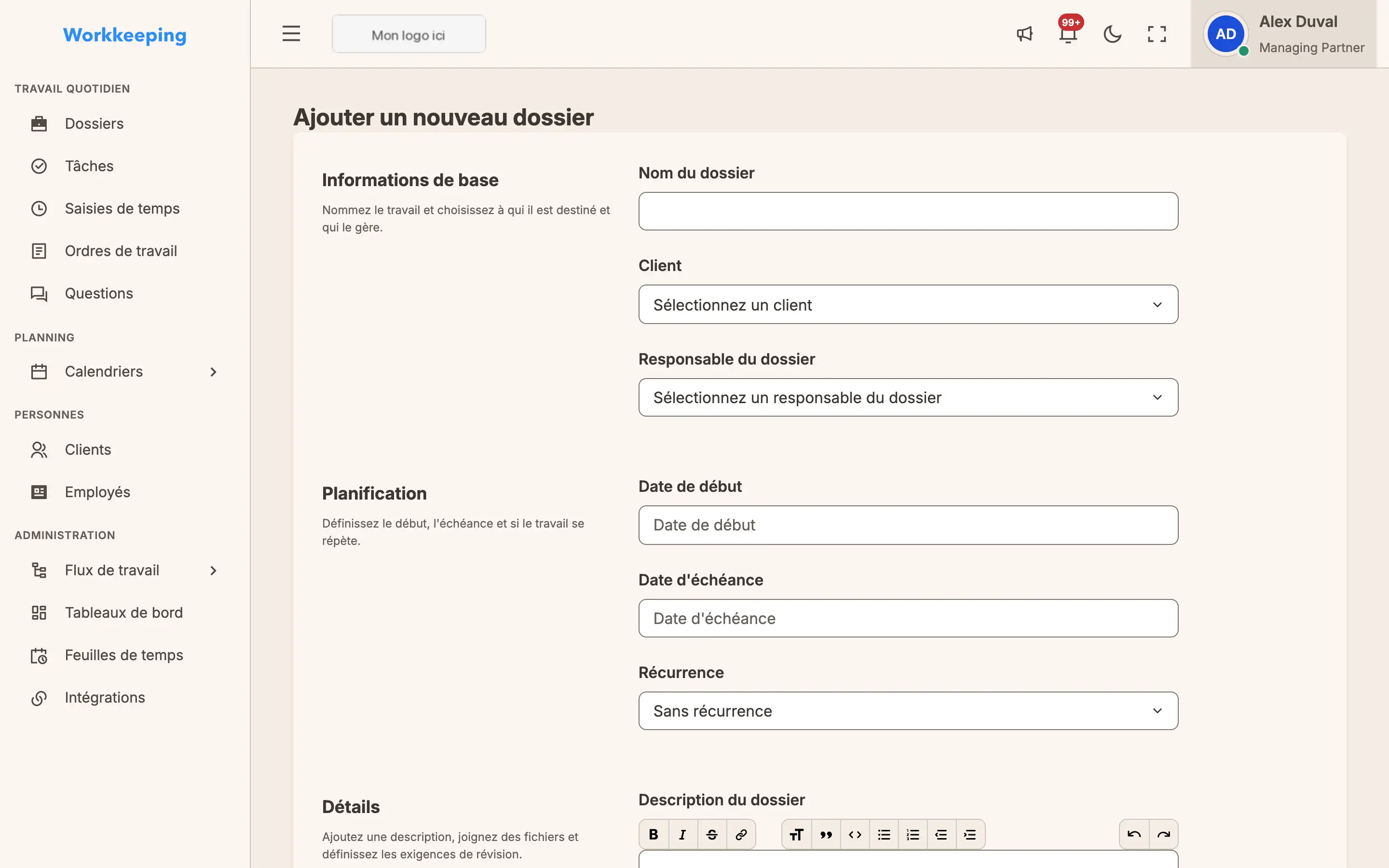 Formulaire de nouvelle mission avec des champs clairement répartis pour les détails, la planification et l'affectation