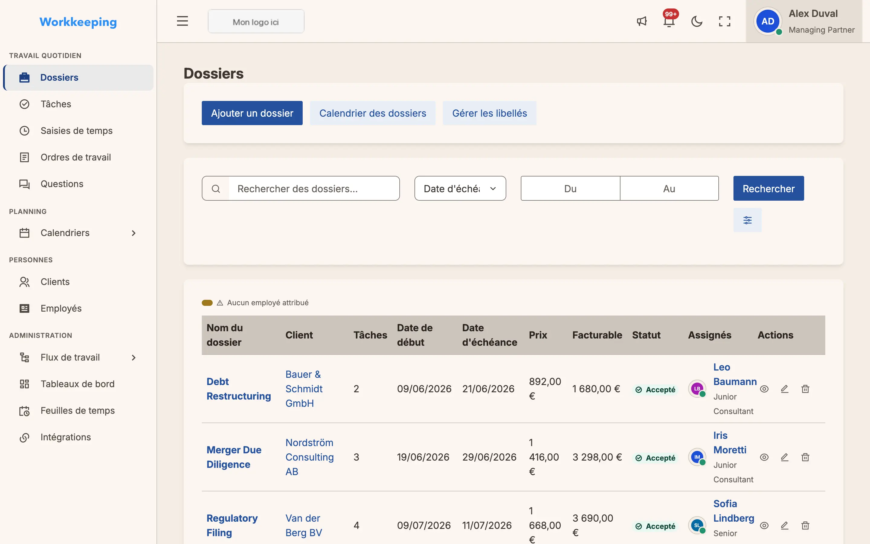 Liste des missions avec statuts, clients et indicateurs de progression