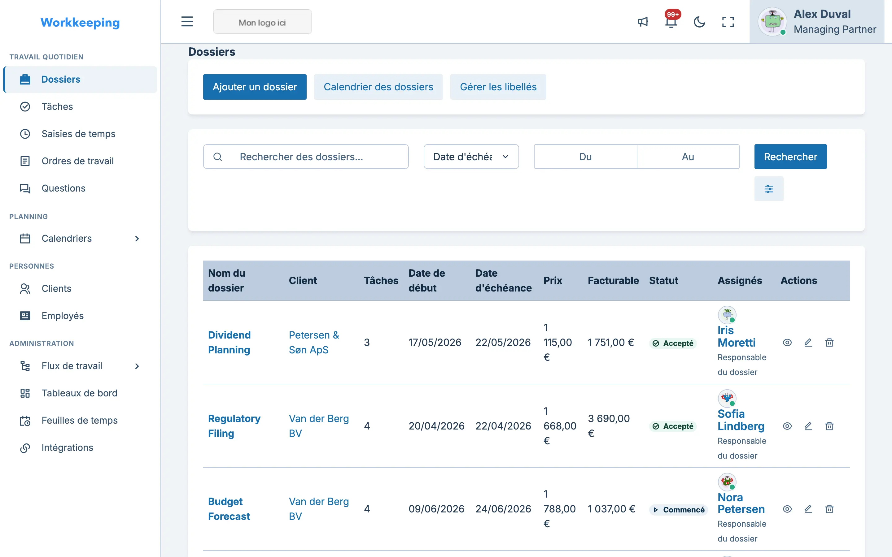 Liste des missions avec statuts, clients et indicateurs de progression