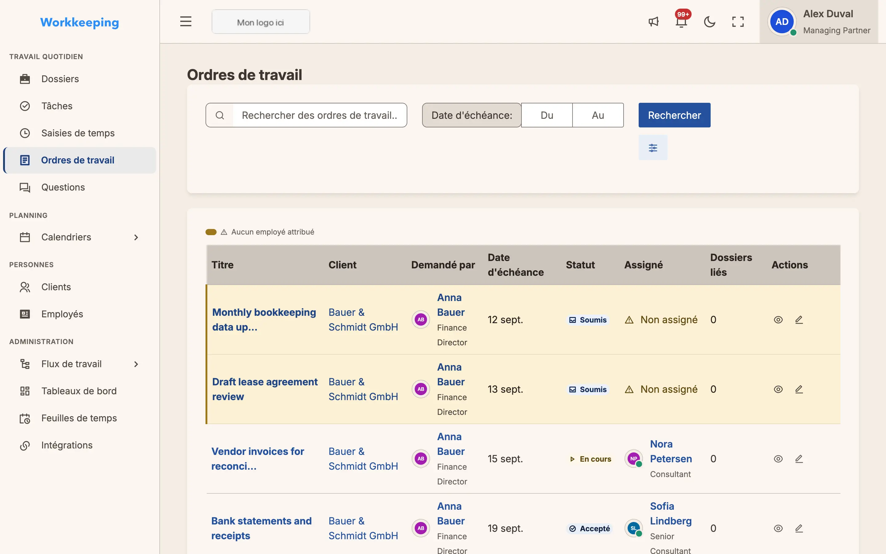Work orders with colour-coded statuses
