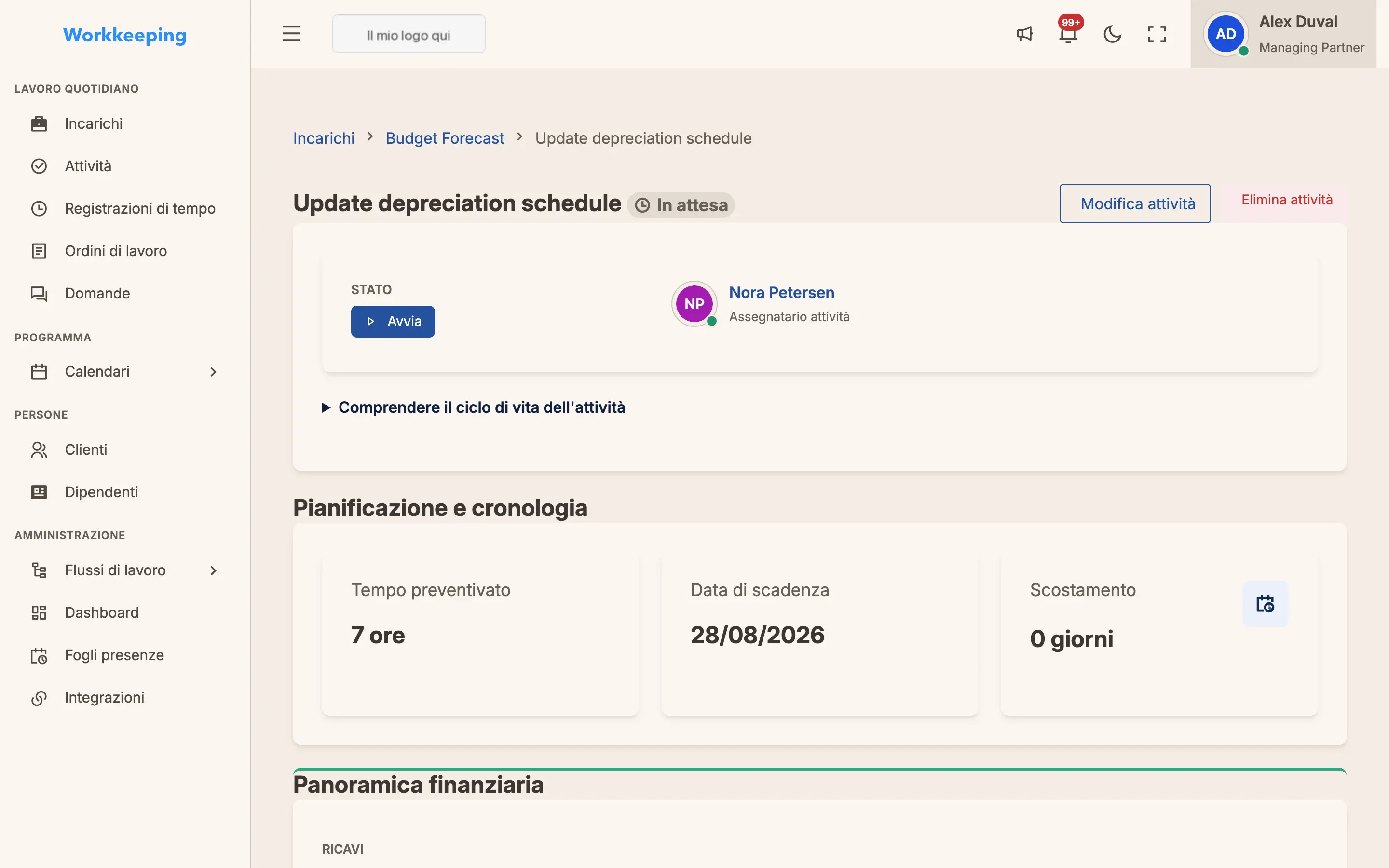 Dettaglio dell'attività con tracciamento del tempo, commenti e stato